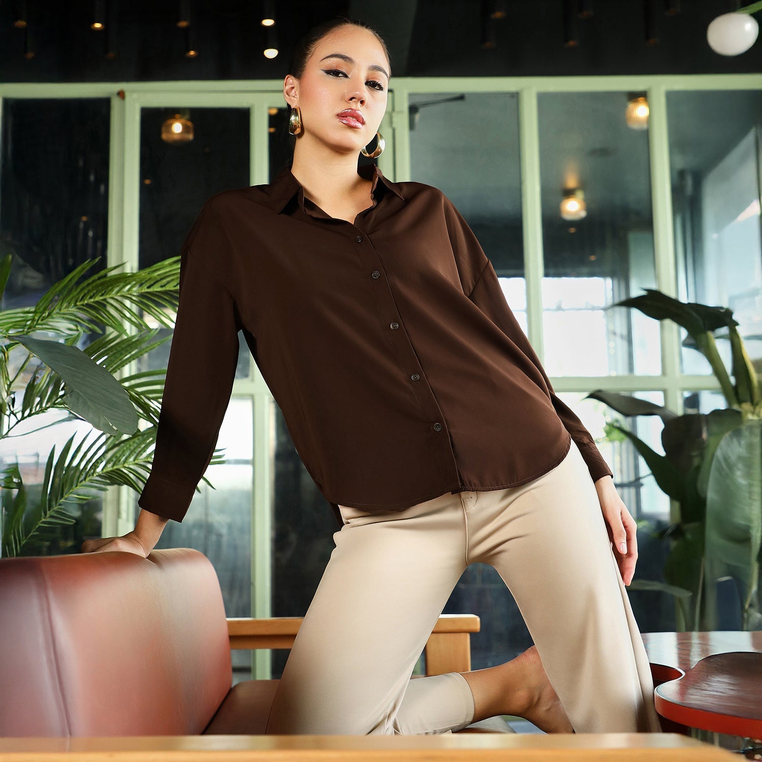 Women Brown Satin Oversized Shirt