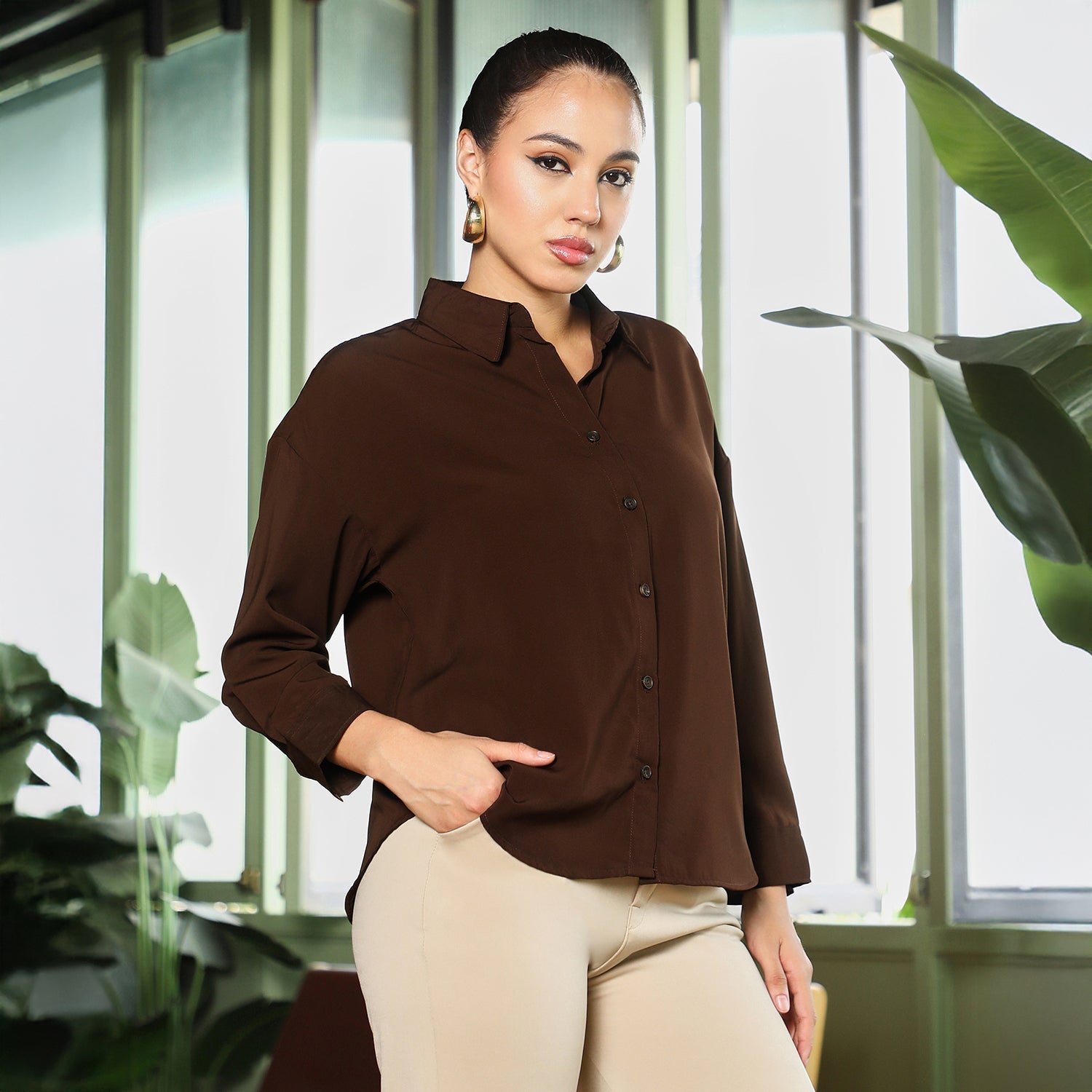 Women Brown Satin Oversized Shirt