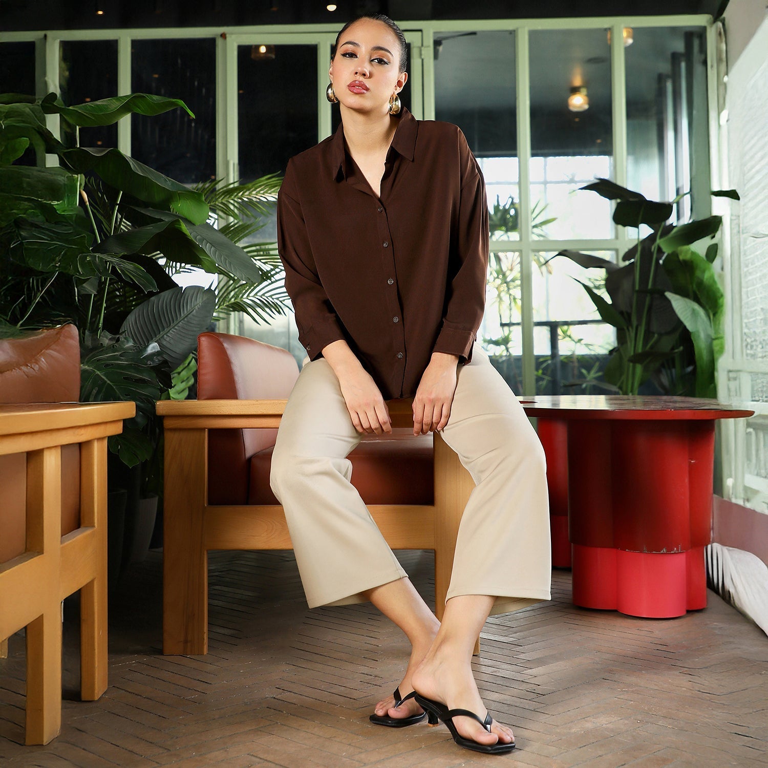 Women Brown Satin Oversized Shirt