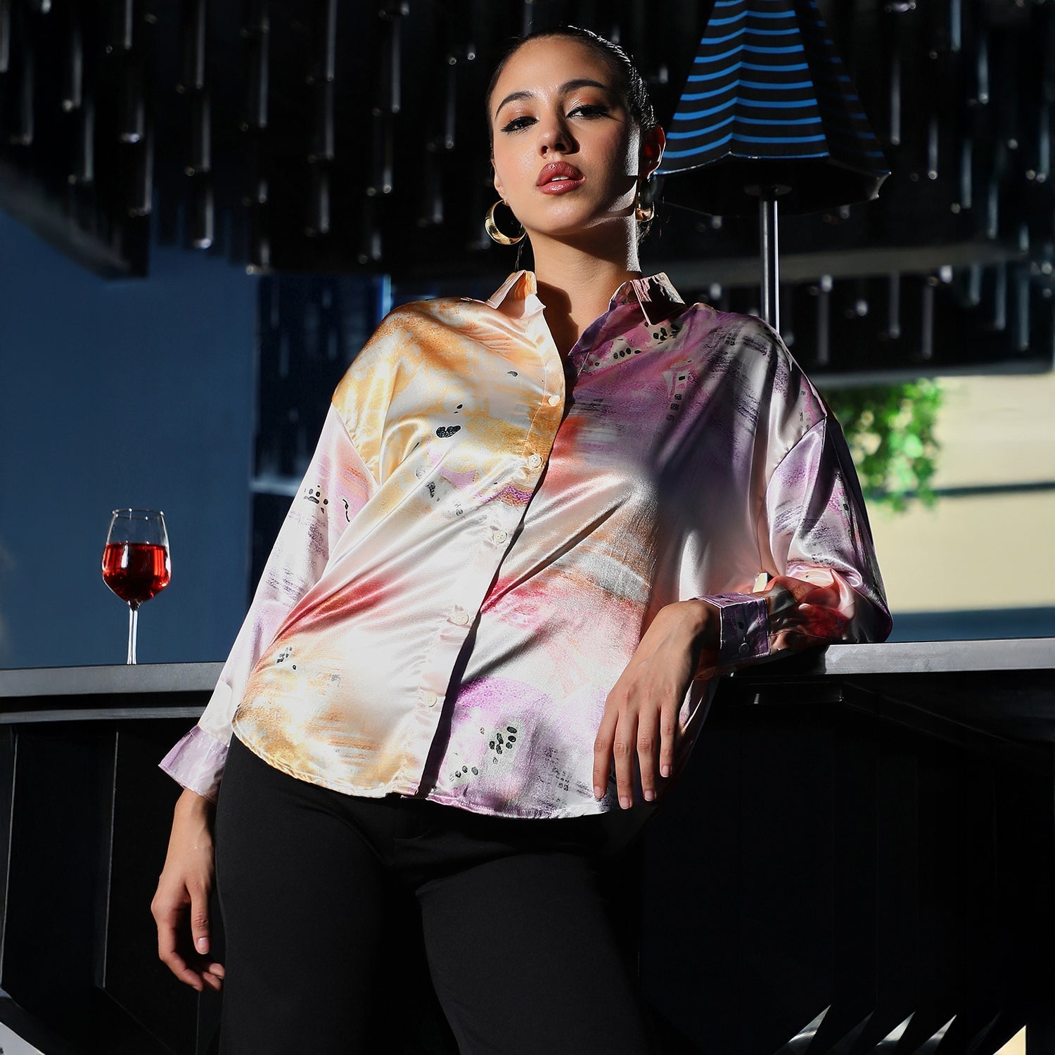 Women Multi Abstract-Satin Oversized Shirt