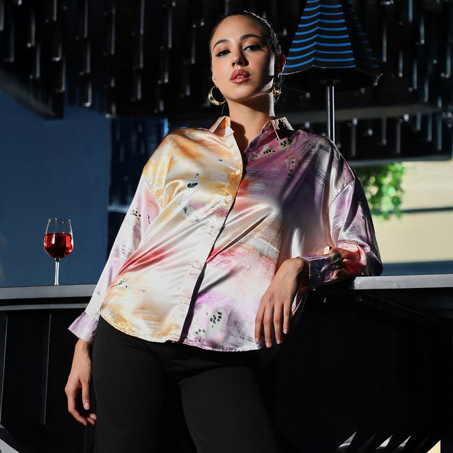 Women Multi Abstract-Satin Oversized Shirt