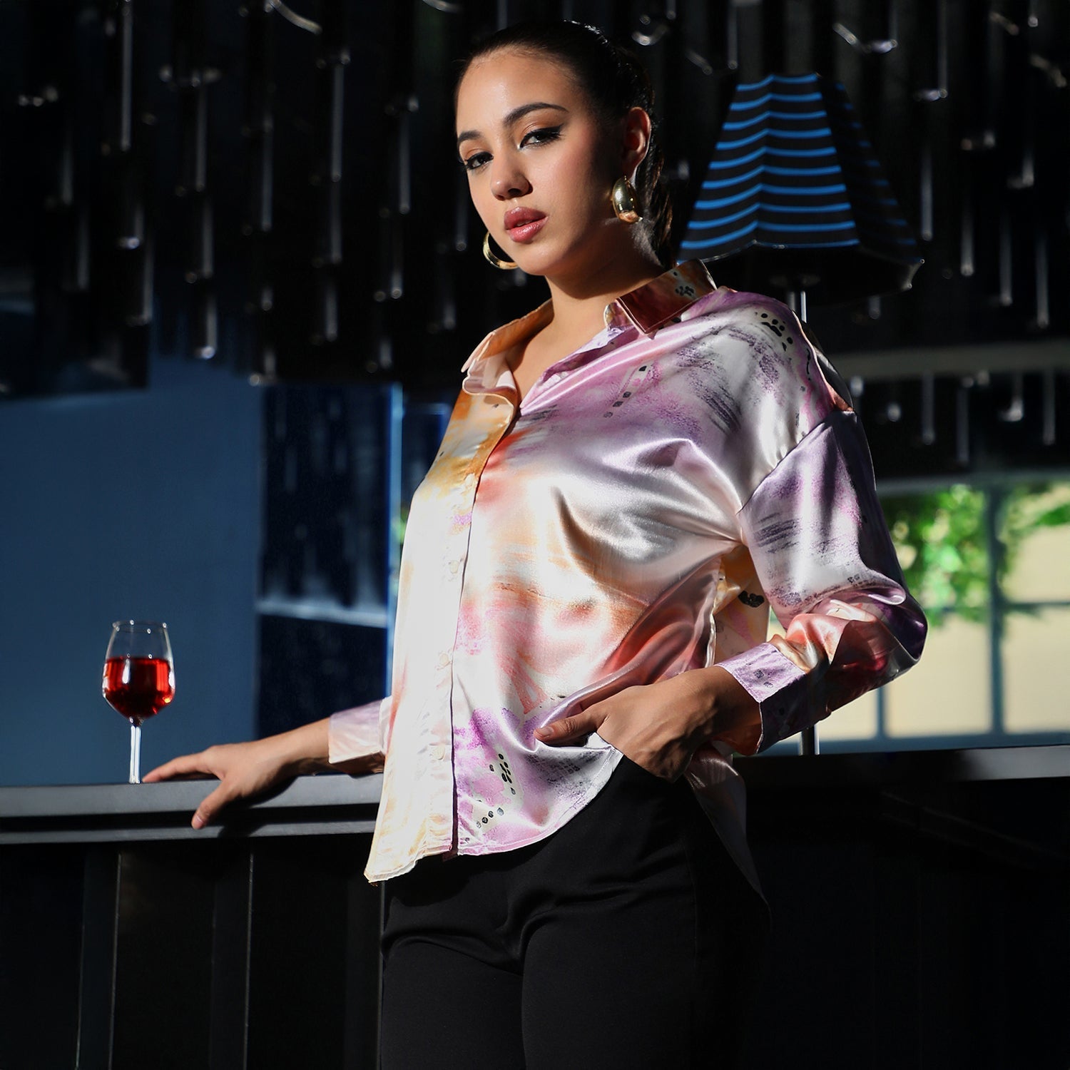 Women Multi Abstract-Satin Oversized Shirt