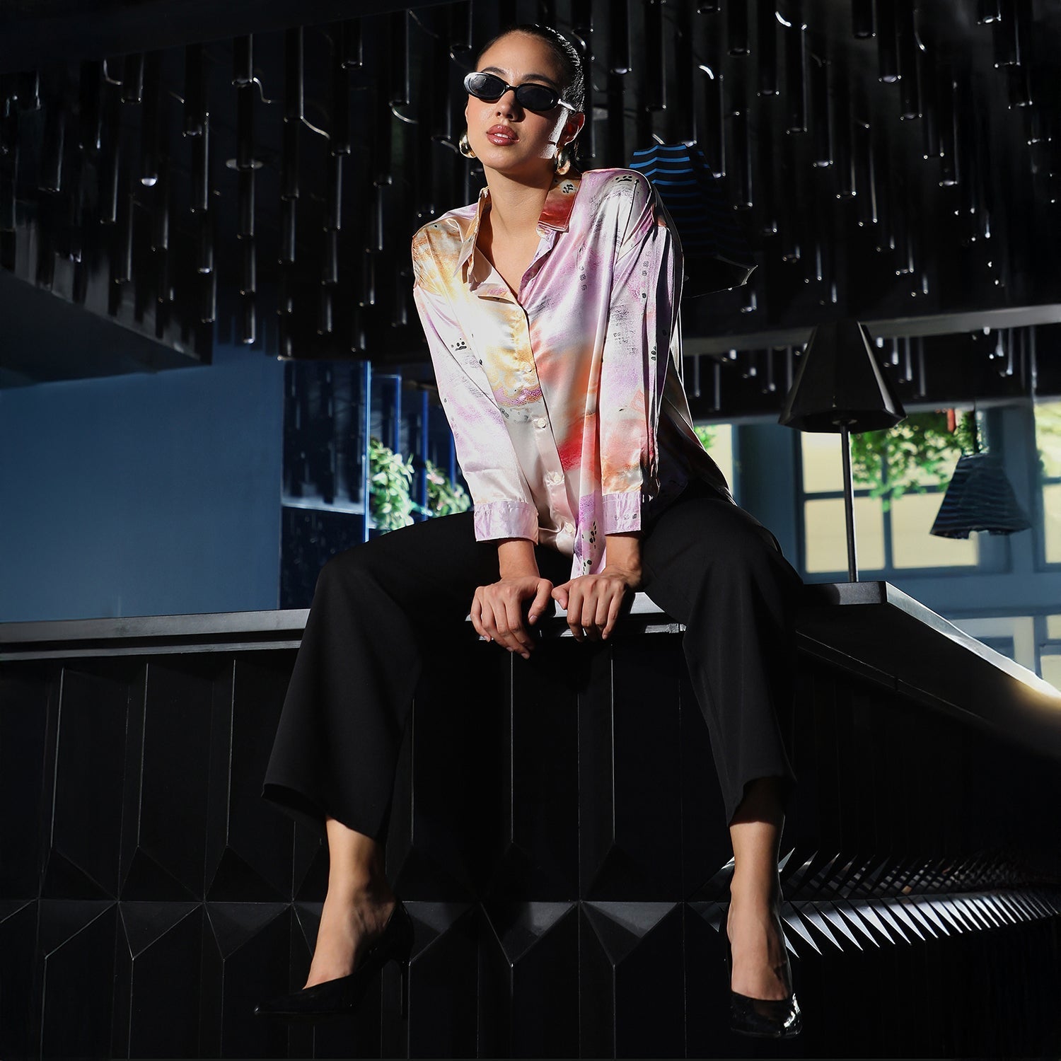 Women Multi Abstract-Satin Oversized Shirt
