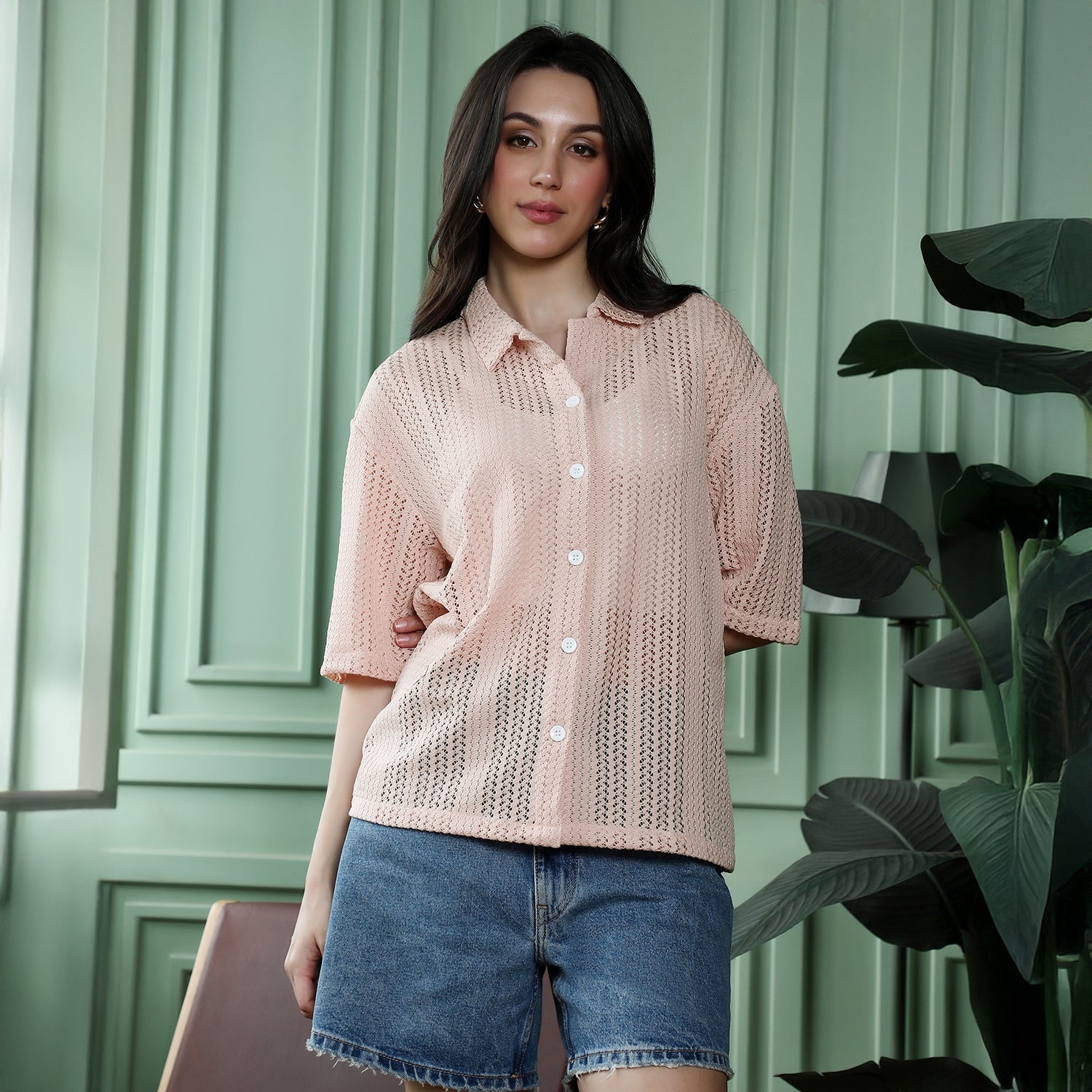 Women Pink Ziggy-Crochet Oversized Shirt