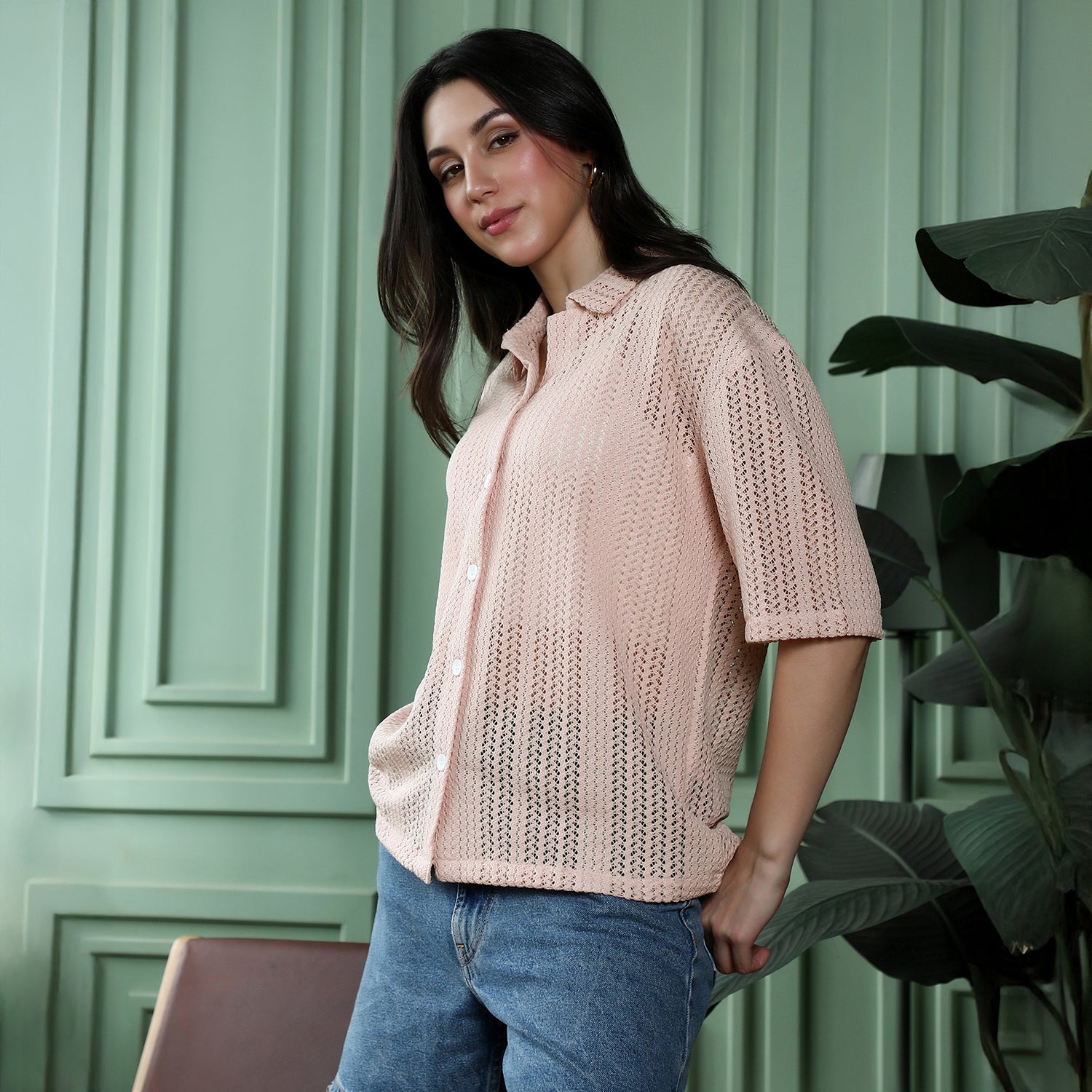 Women Pink Ziggy-Crochet Oversized Shirt