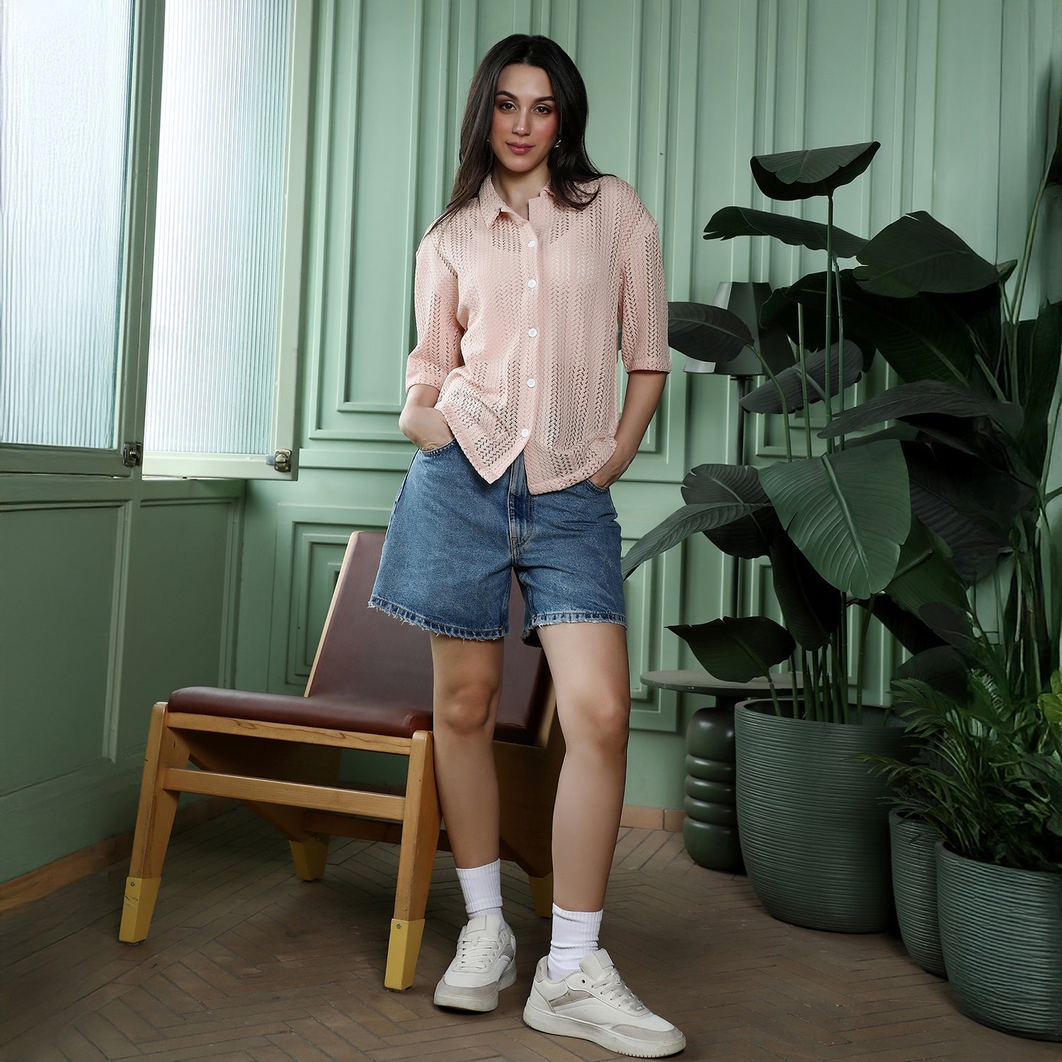 Women Pink Ziggy-Crochet Oversized Shirt