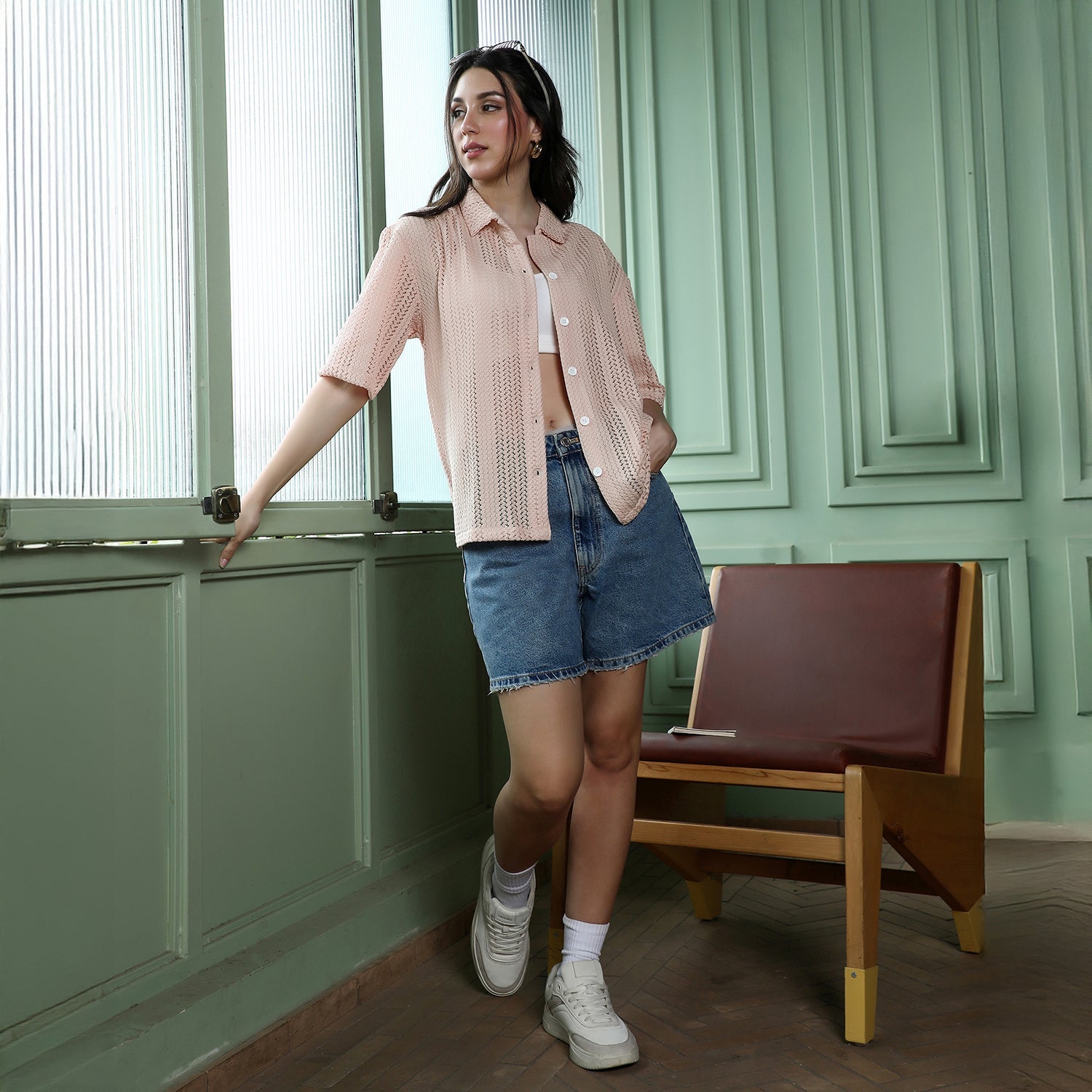 Women Pink Ziggy-Crochet Oversized Shirt