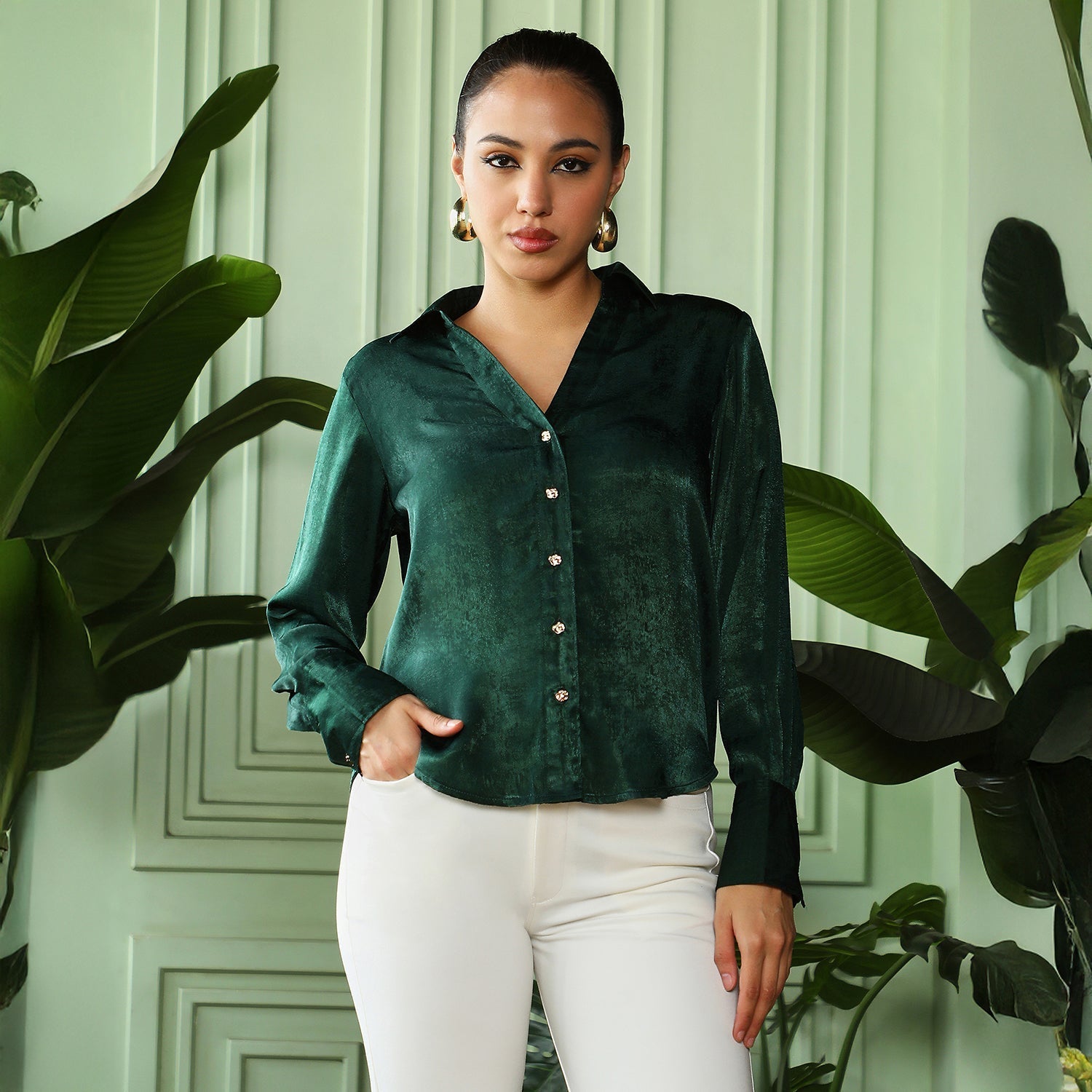 Women Green Crushed-Satin Tailored Shirt