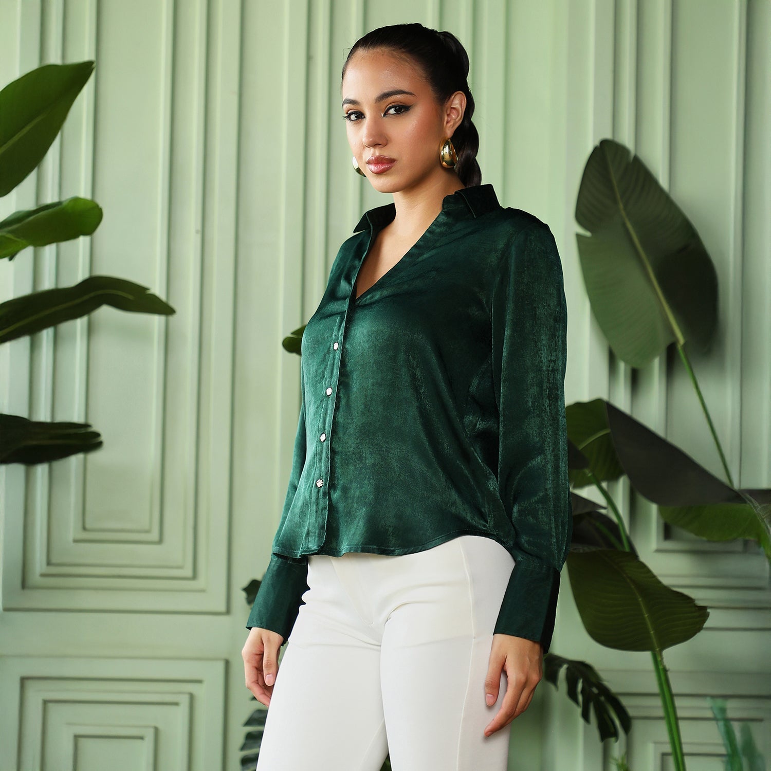 Women Green Crushed-Satin Tailored Shirt