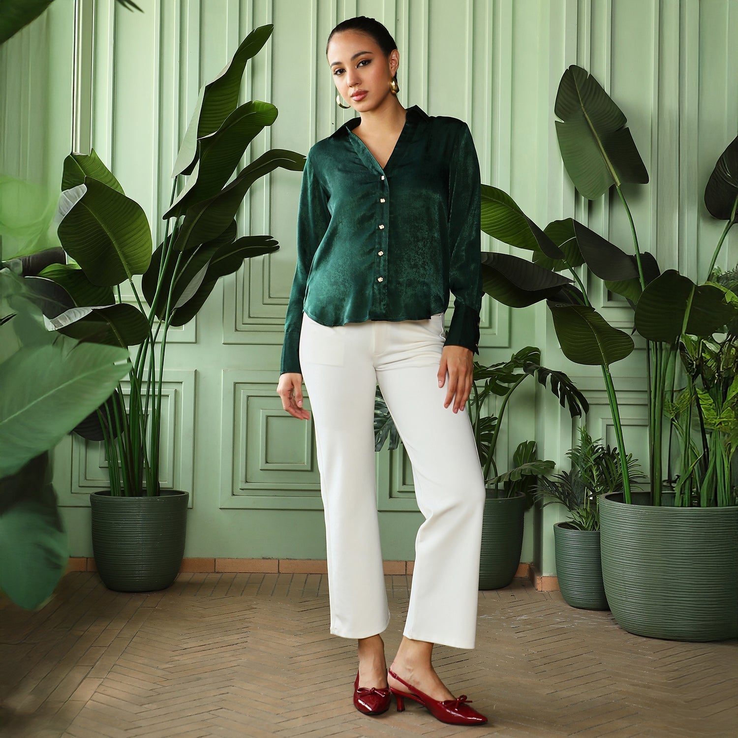 Women Green Crushed-Satin Tailored Shirt