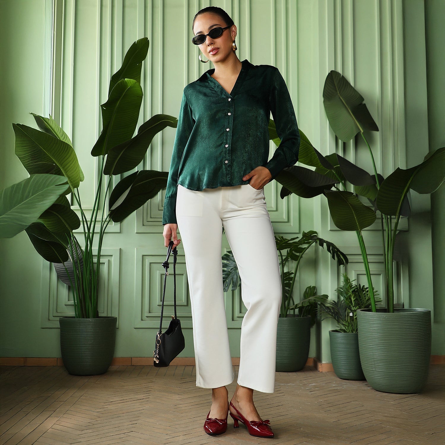 Women Green Crushed-Satin Tailored Shirt