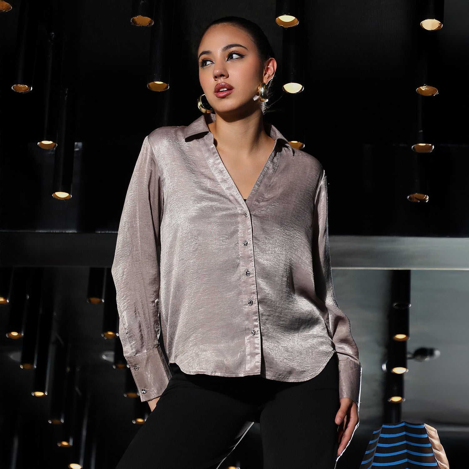 Women Purple Crushed-Satin Tailored Shirt