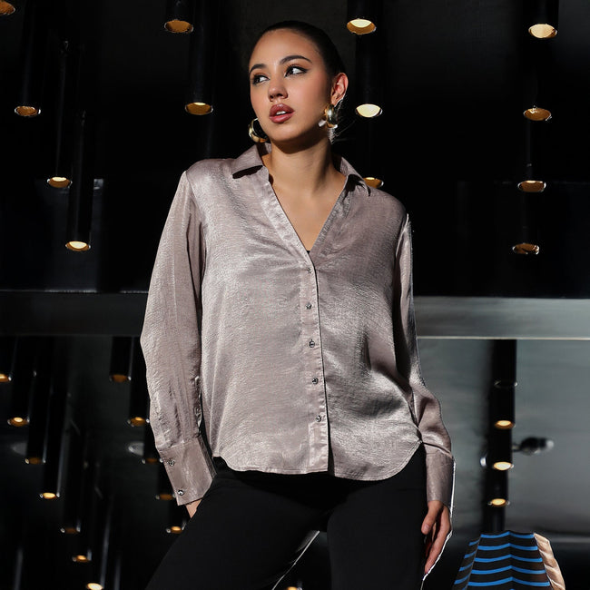Women Purple Crushed-Satin Tailored Shirt