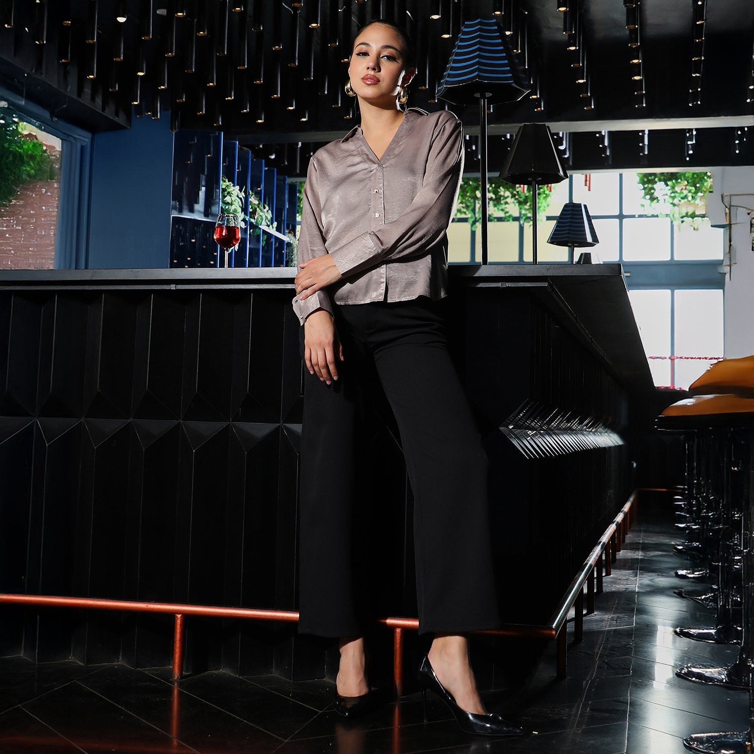 Women Purple Crushed-Satin Tailored Shirt