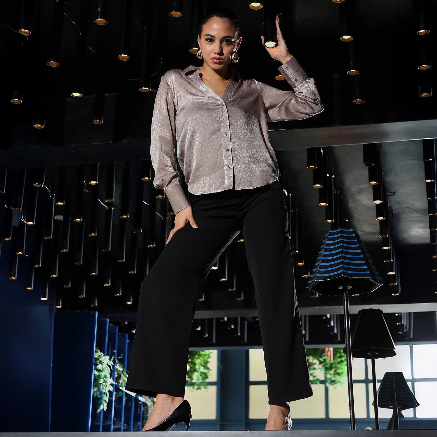 Women Purple Crushed-Satin Tailored Shirt