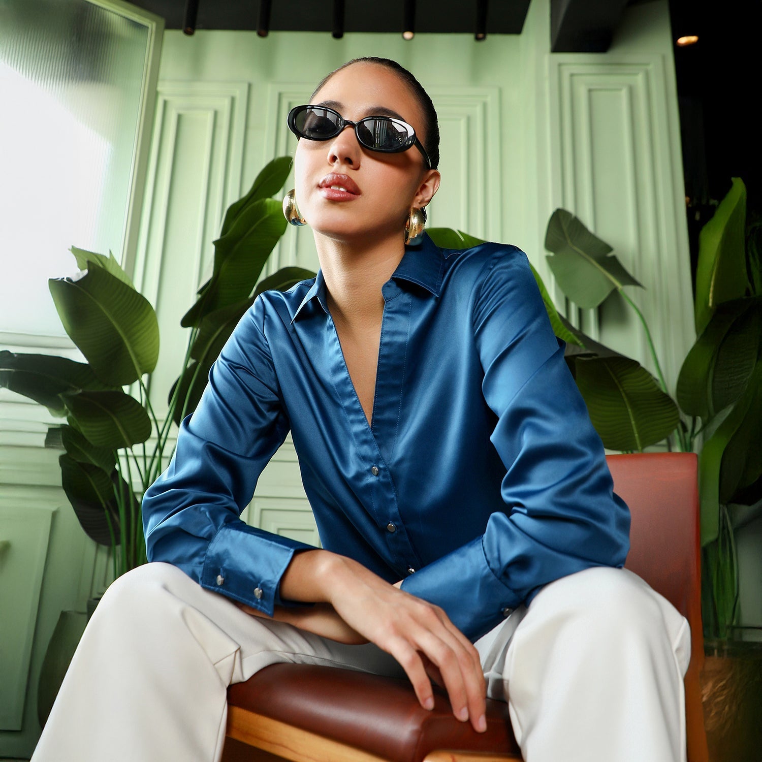 Women Blue Satin Tailored Shirt