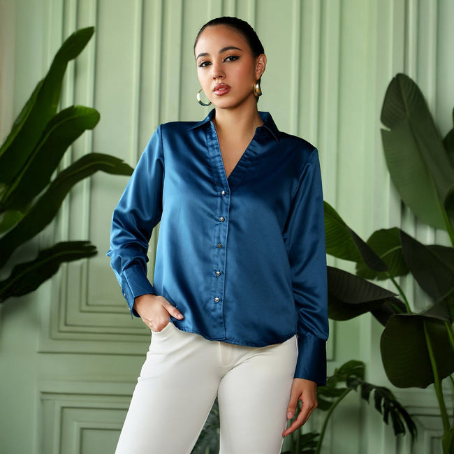 Women Blue Satin Tailored Shirt