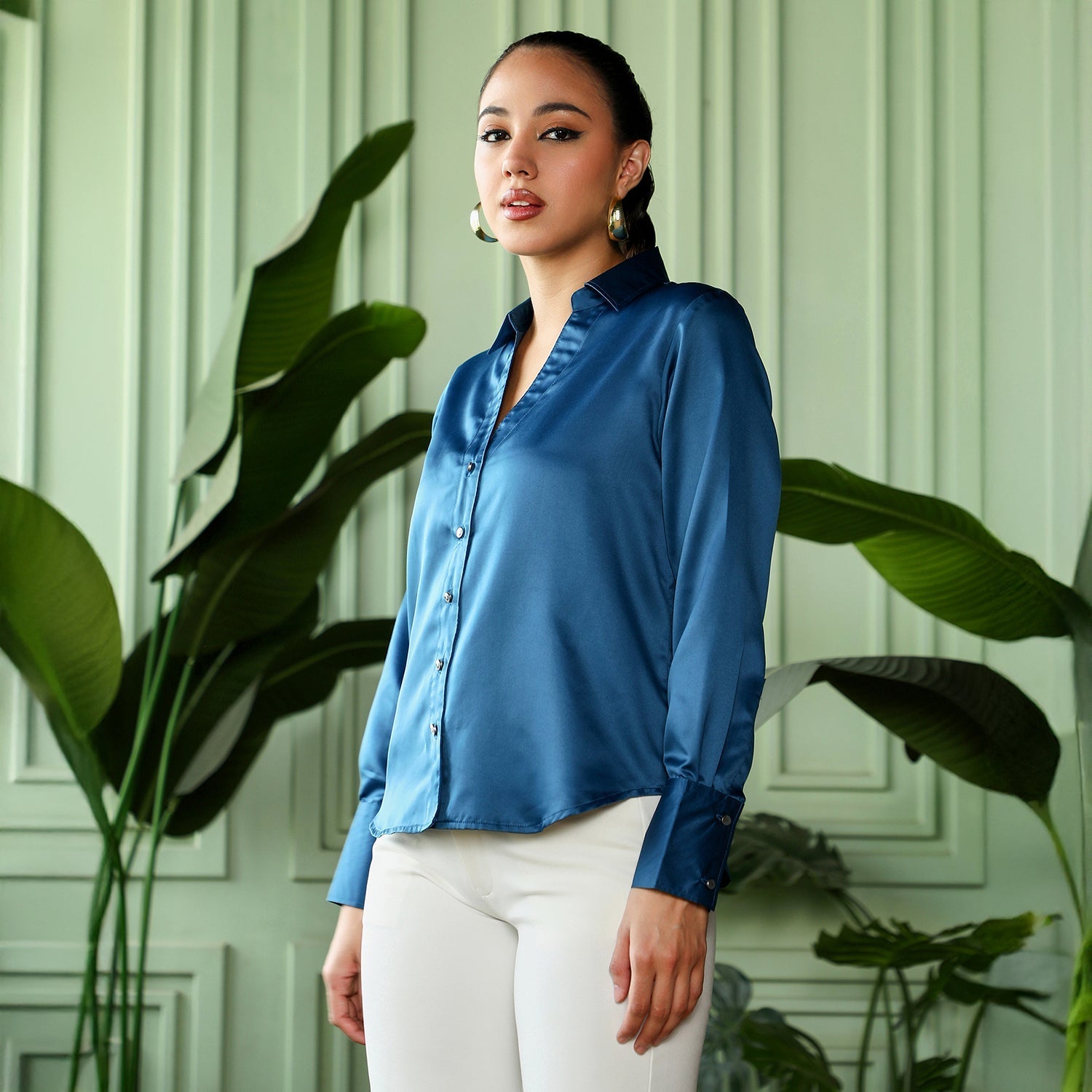 Women Blue Satin Tailored Shirt