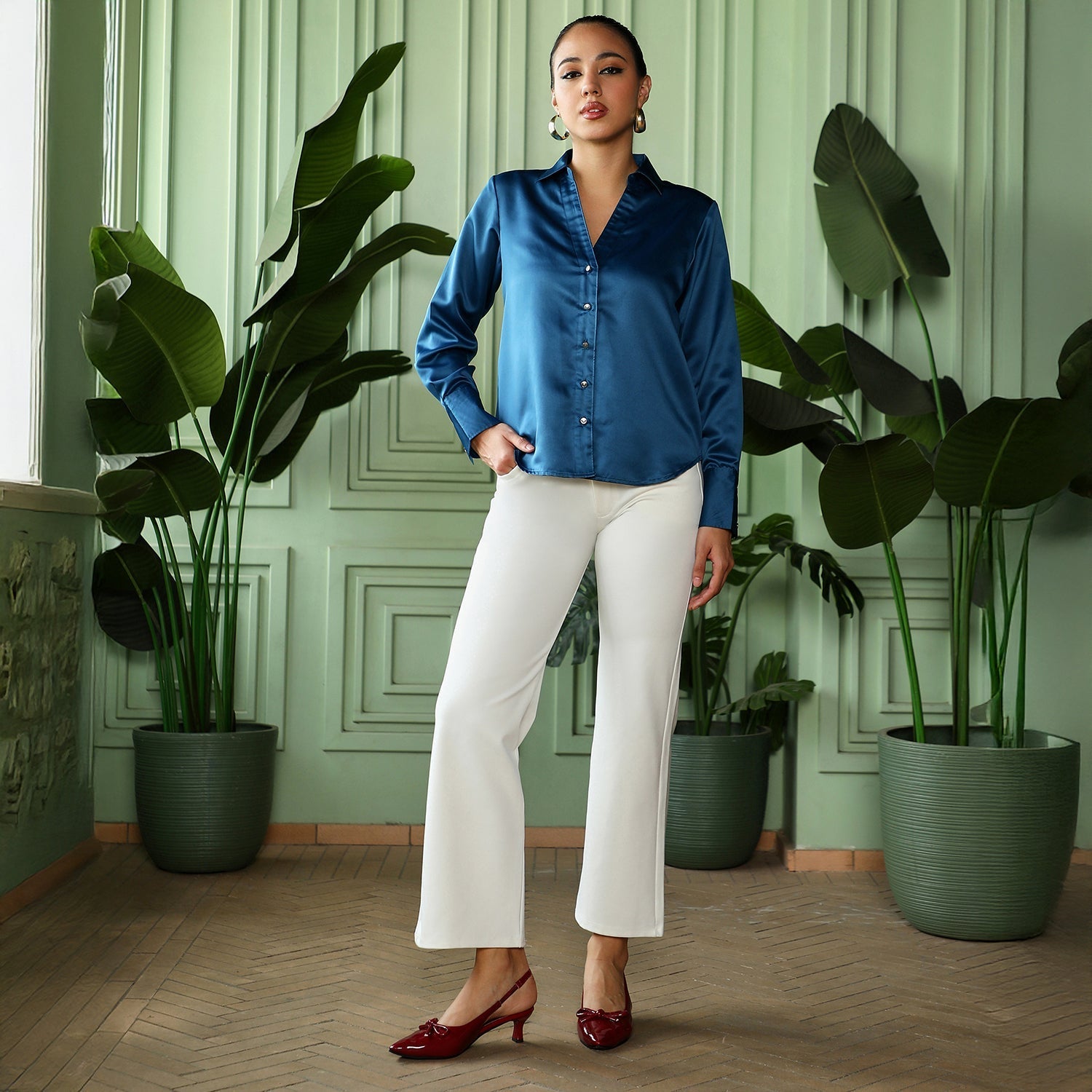 Women Blue Satin Tailored Shirt