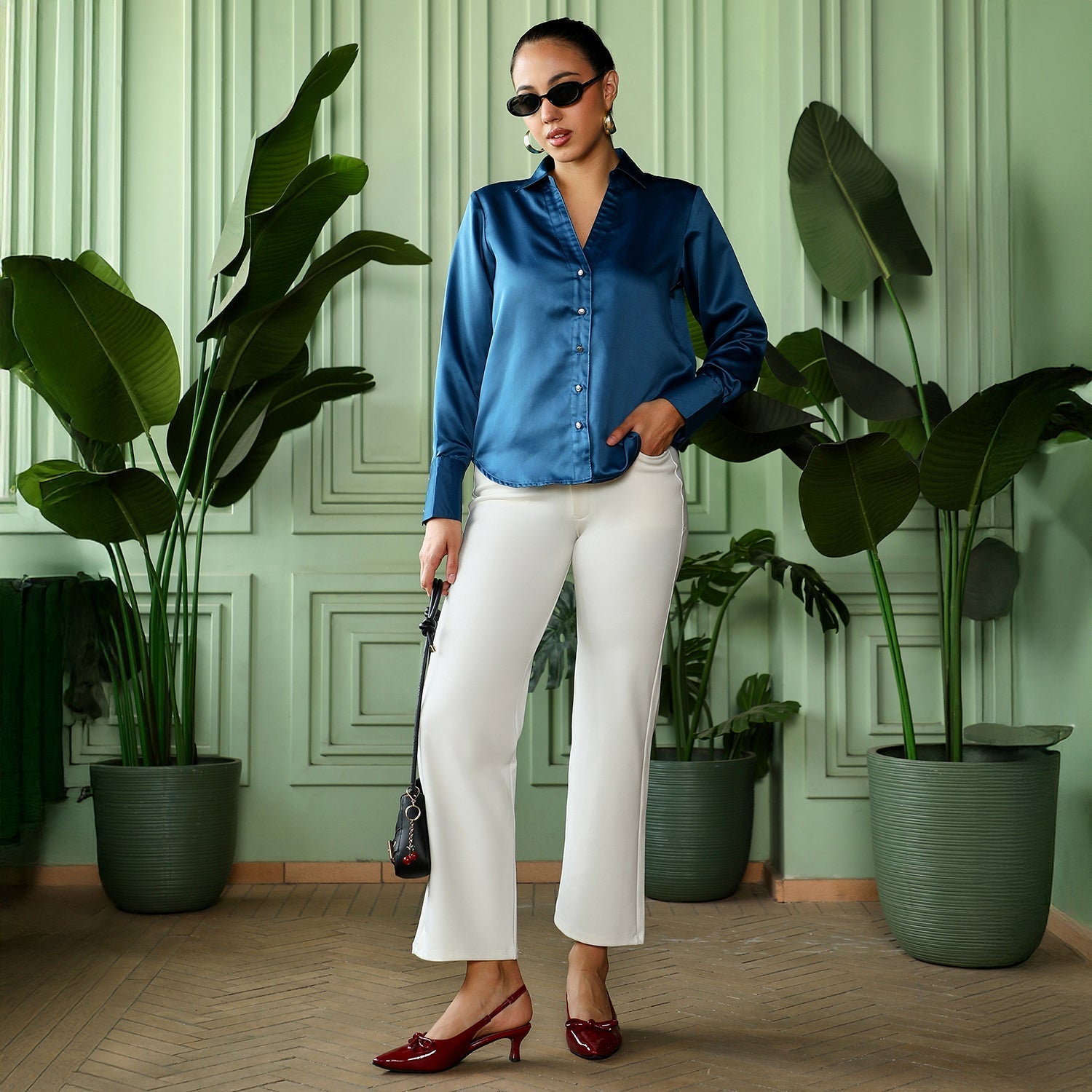 Women Blue Satin Tailored Shirt