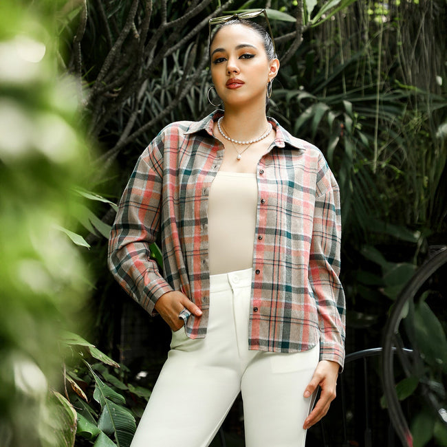 Women Brown Brushed-Plaid Oversized Shirt