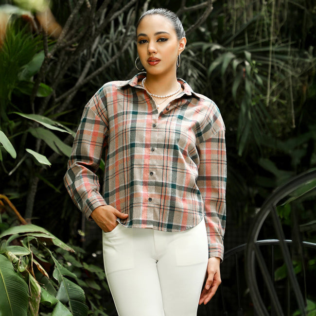Women Brown Brushed-Plaid Oversized Shirt