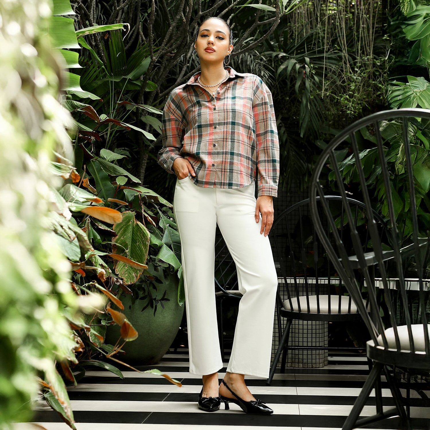 Women Brown Brushed-Plaid Oversized Shirt