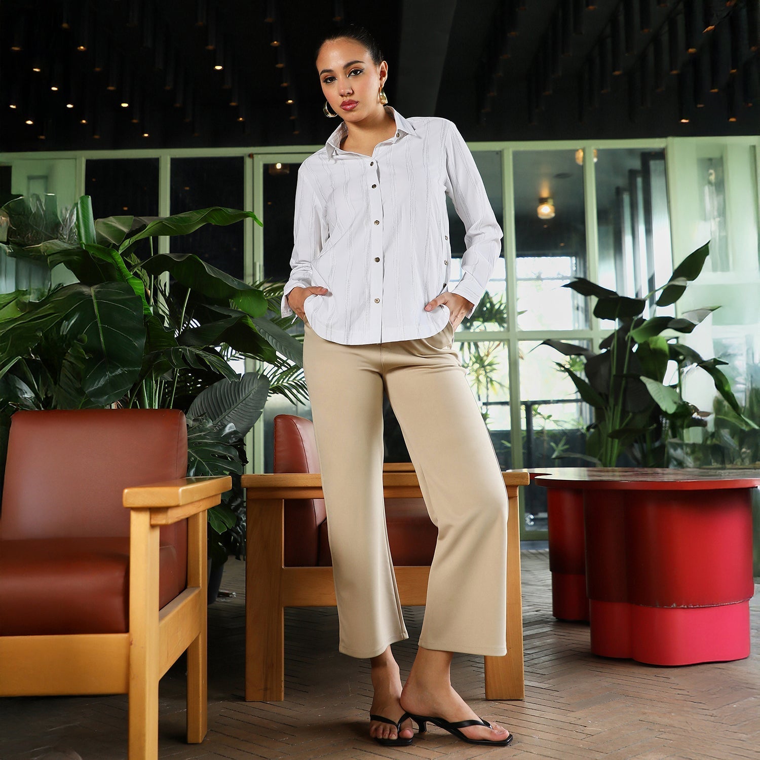 Women White Striped-Jacquard Curved Shirt