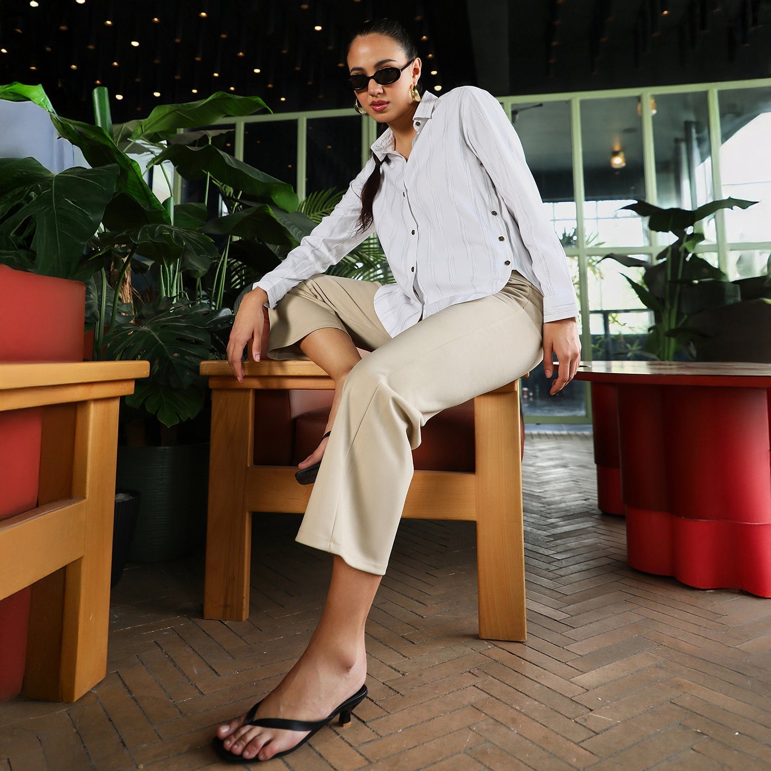 Women White Striped-Jacquard Curved Shirt
