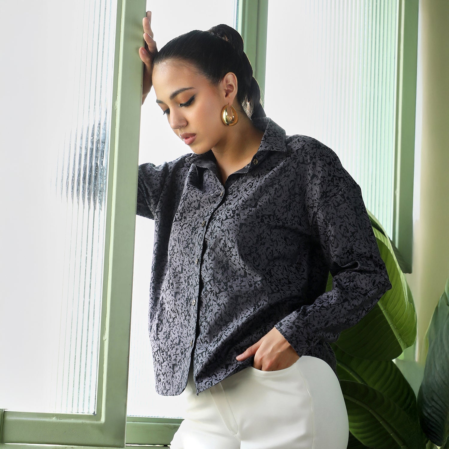Women Black Splatter-Jacquard Oversized Shirt