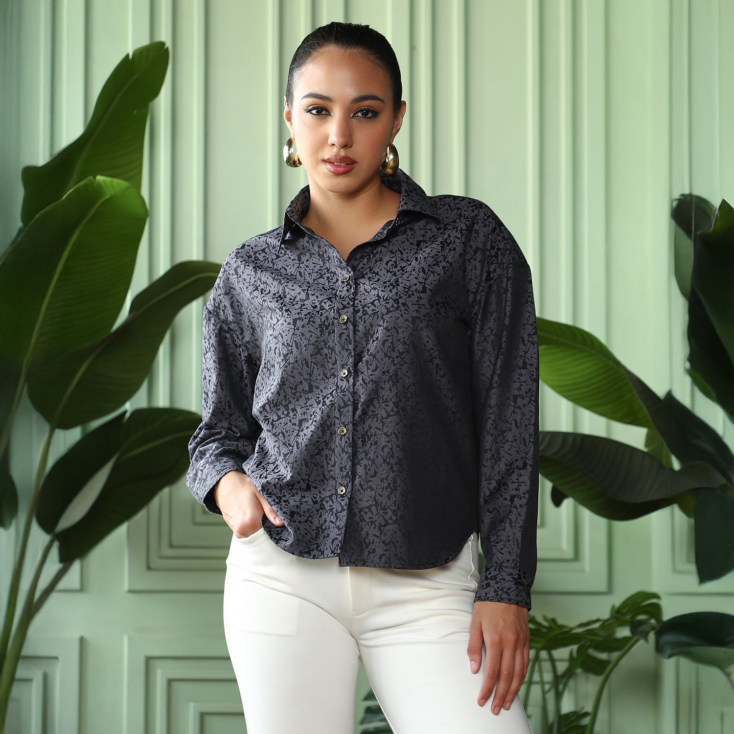 Women Black Splatter-Jacquard Oversized Shirt
