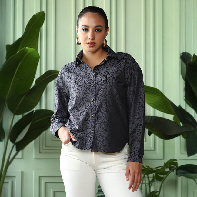 Women Black Splatter-Jacquard Oversized Shirt