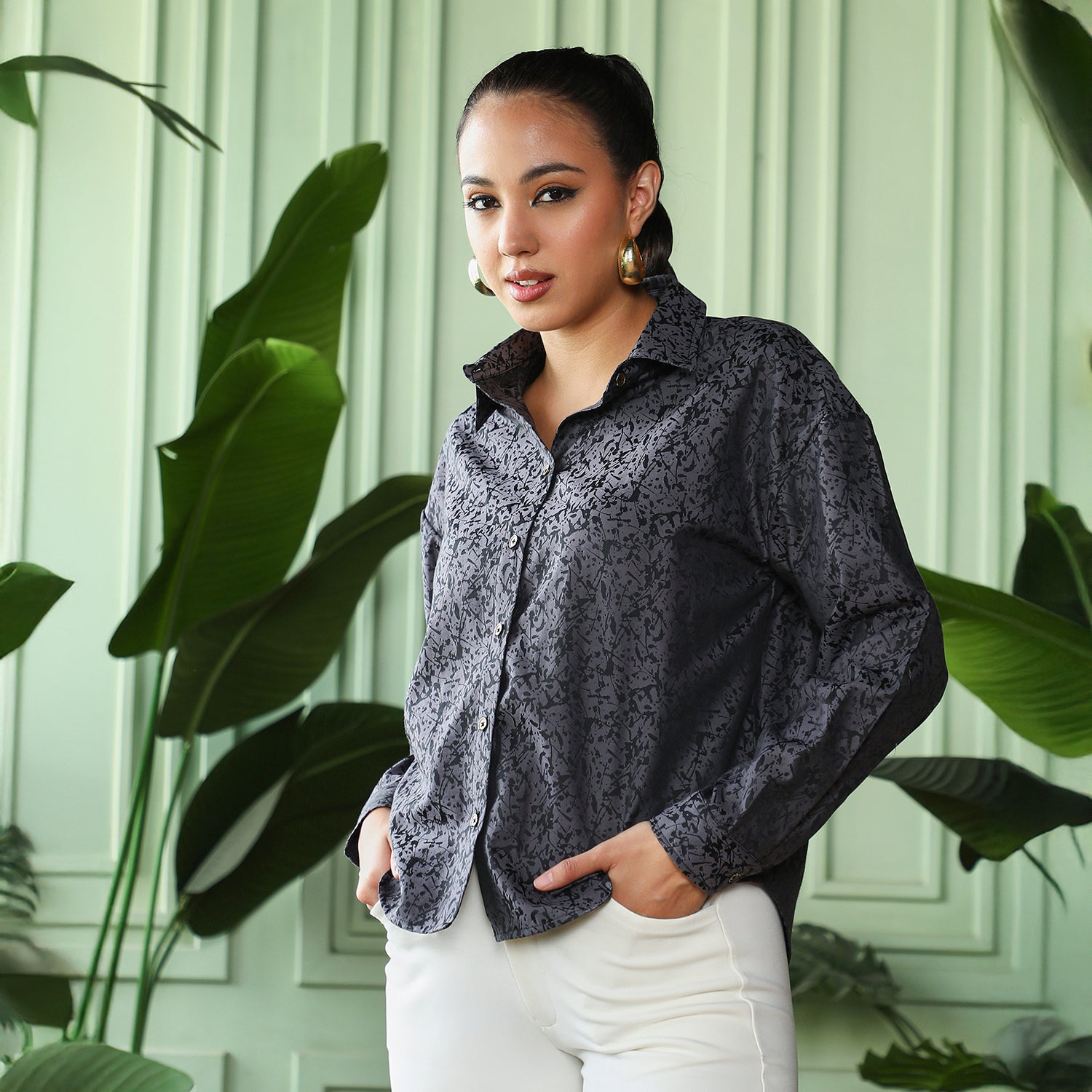 Women Black Splatter-Jacquard Oversized Shirt