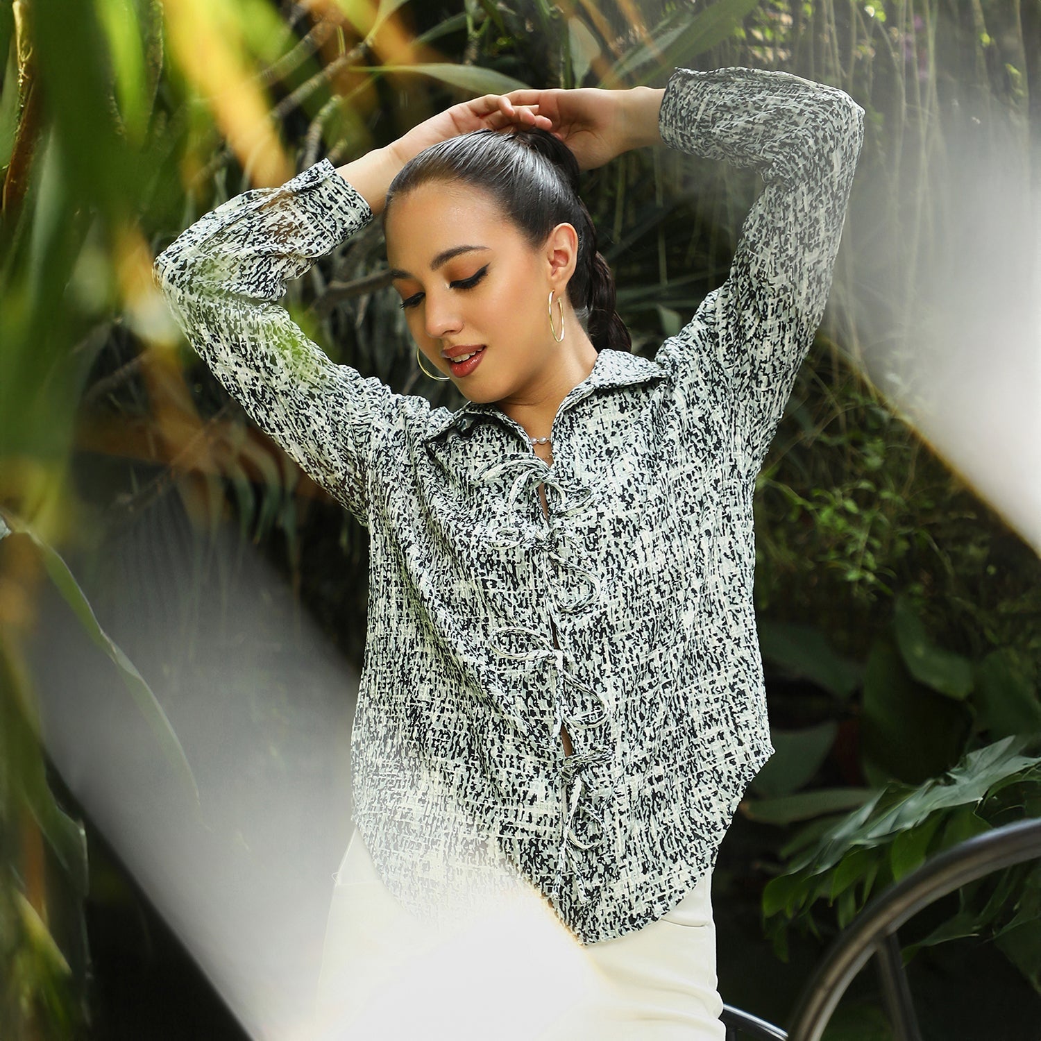 Women Multi Static-Imprint Tie-Up Blouse