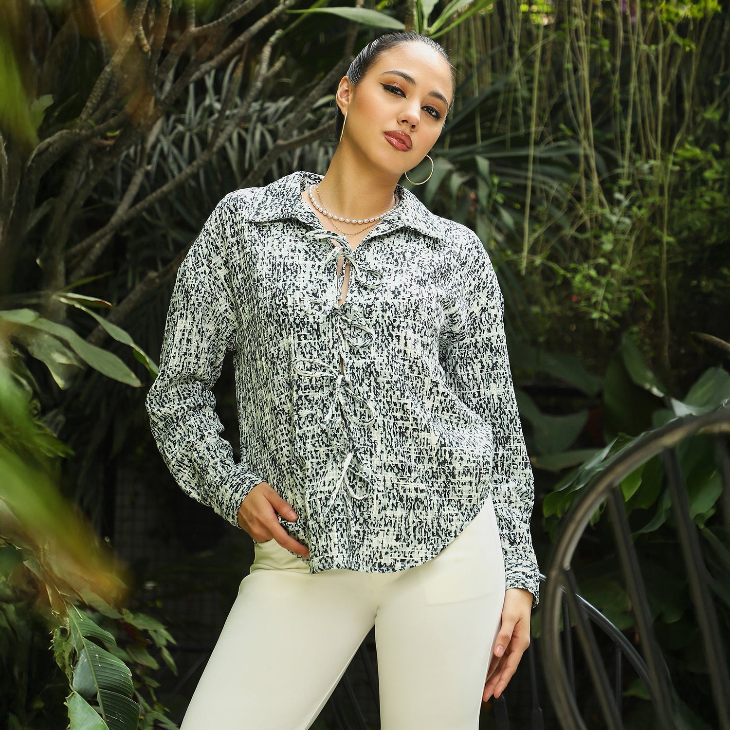 Women Multi Static-Imprint Tie-Up Blouse