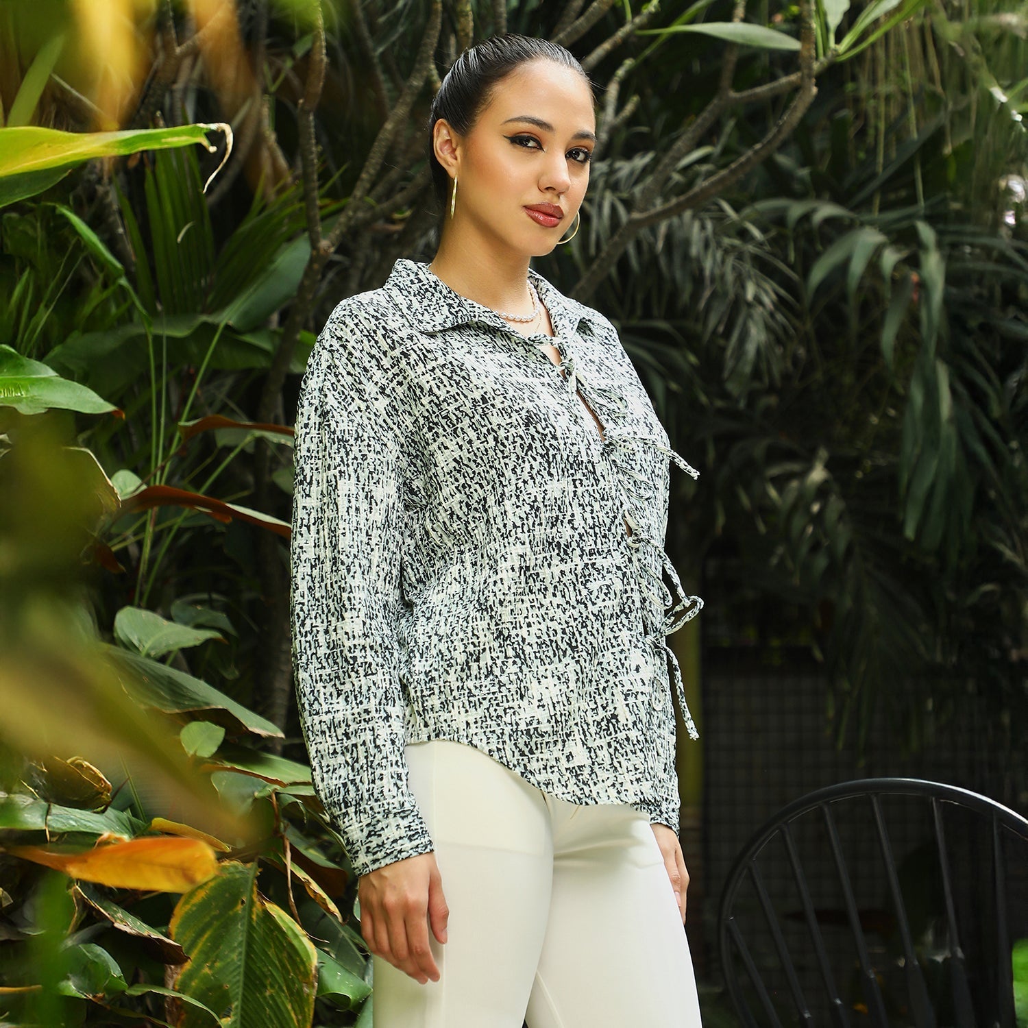 Women Multi Static-Imprint Tie-Up Blouse