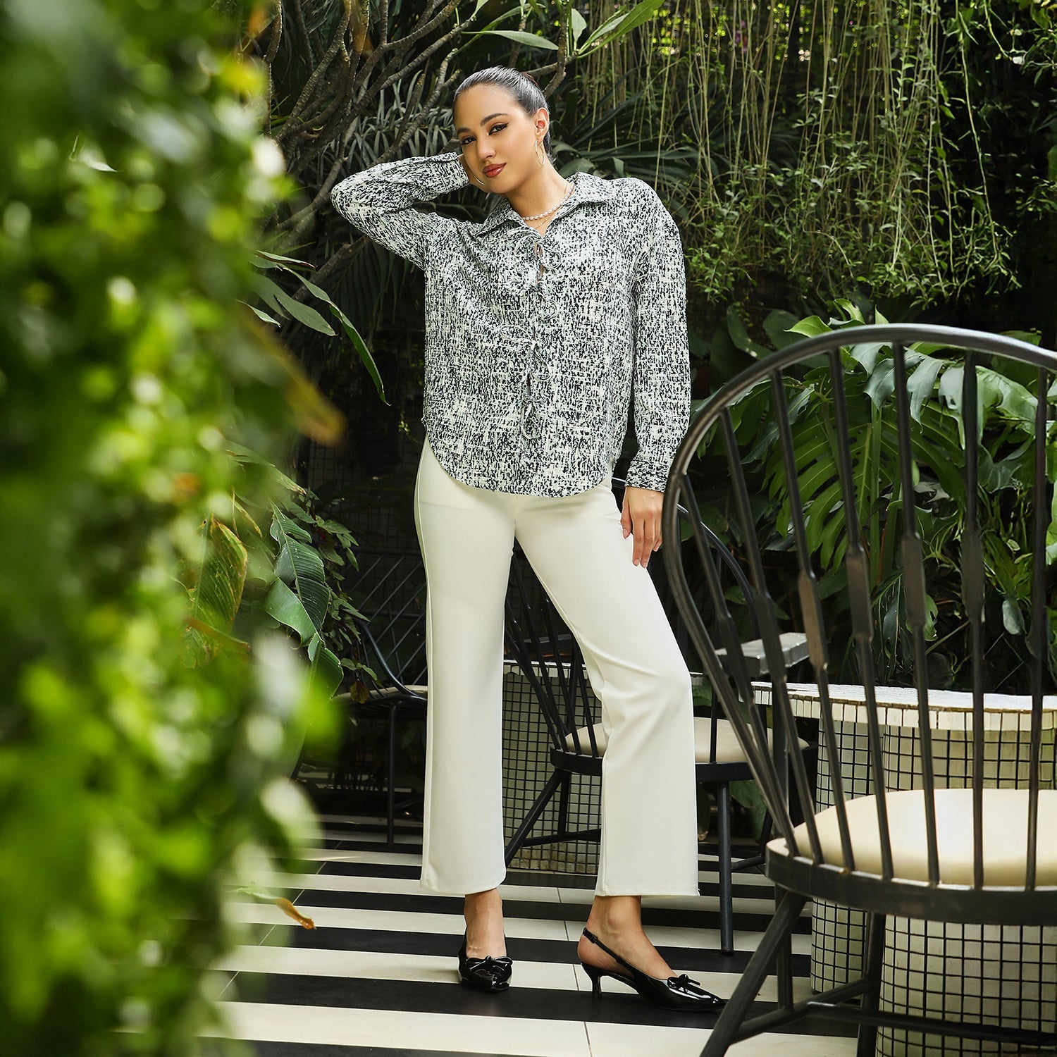 Women Multi Static-Imprint Tie-Up Blouse