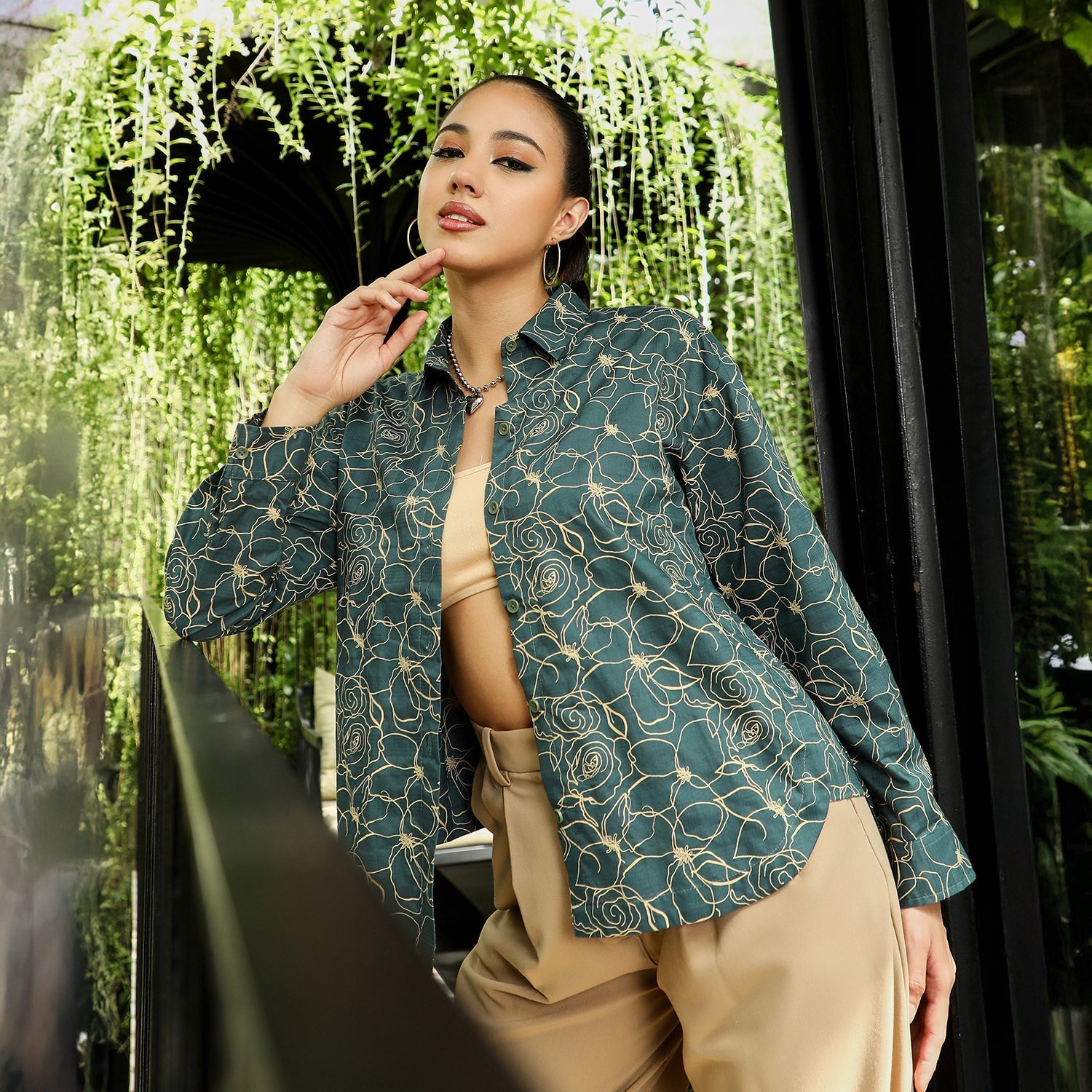 Women Green Curved Shirt