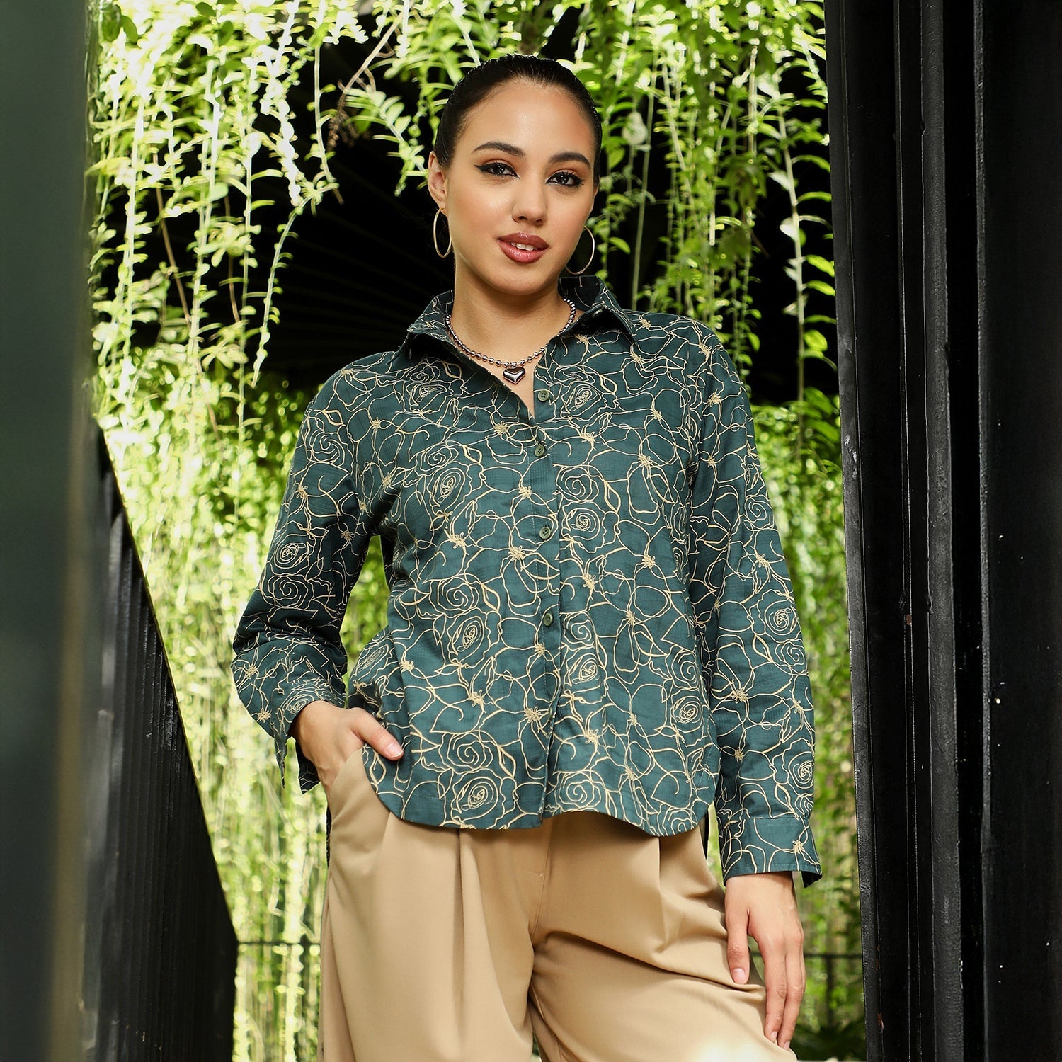 Women Green Curved Shirt