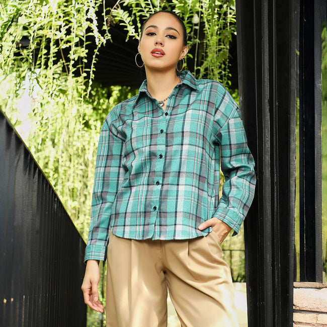 Women Green Brushed-Plaid Oversized Shirt