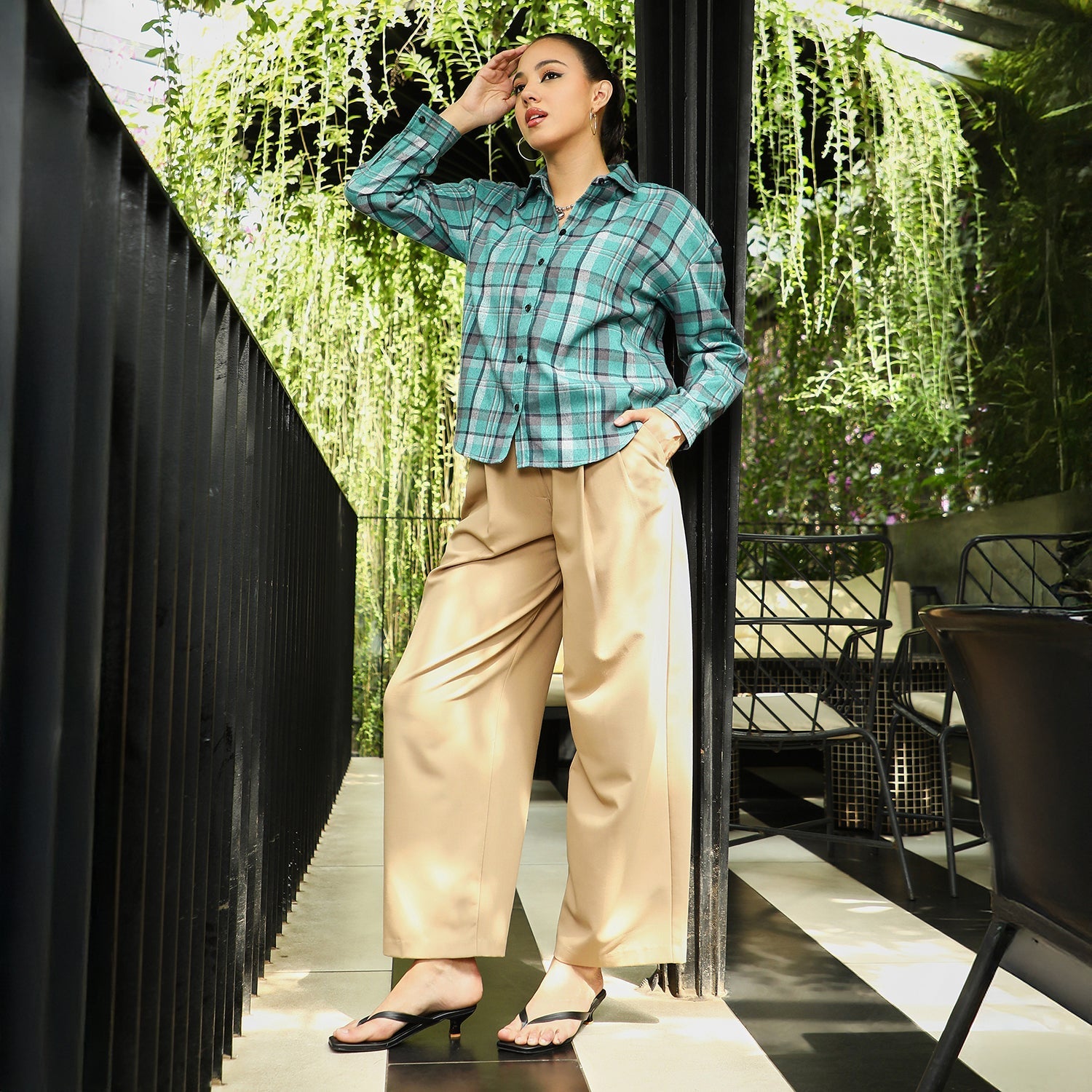 Women Green Brushed-Plaid Oversized Shirt