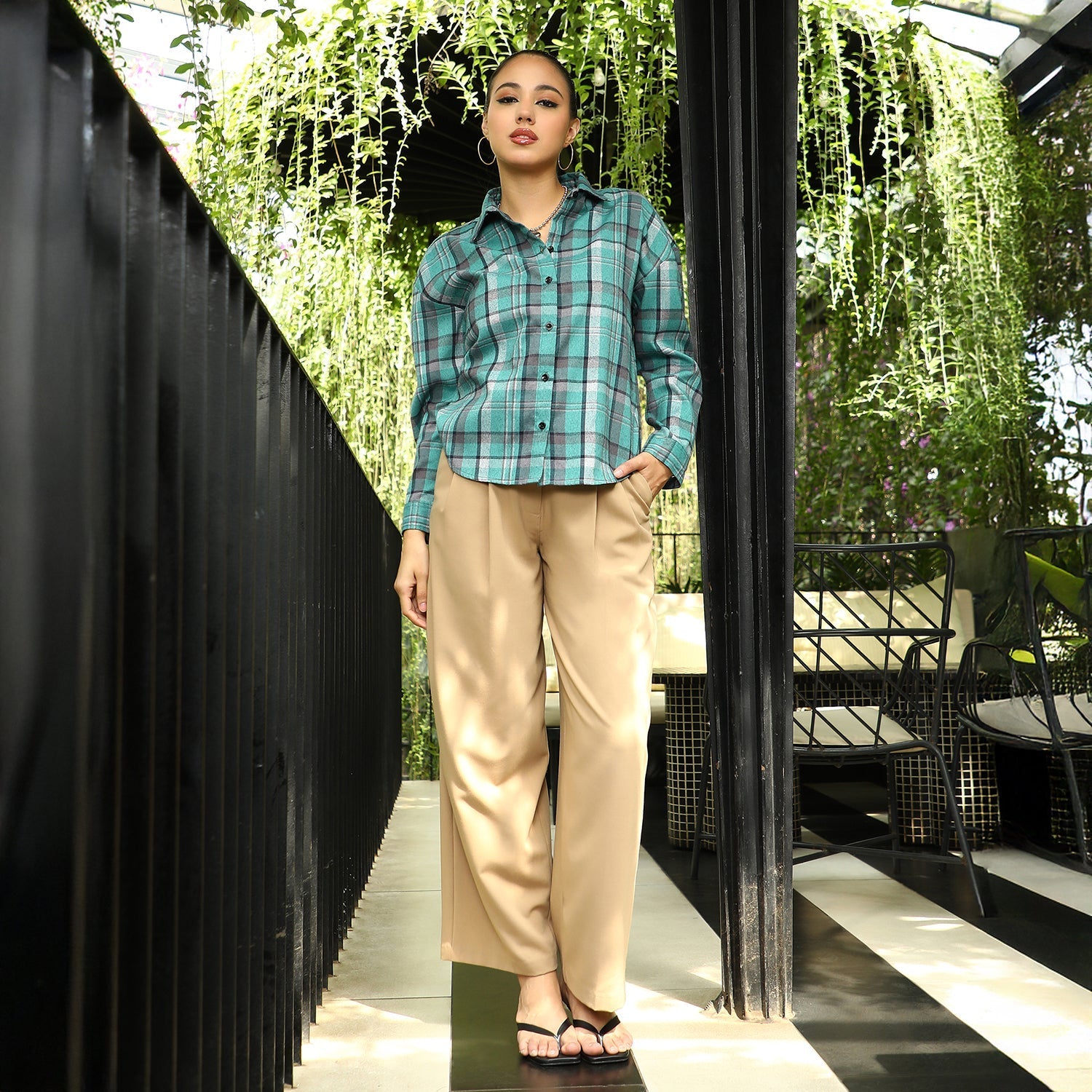 Women Green Brushed-Plaid Oversized Shirt