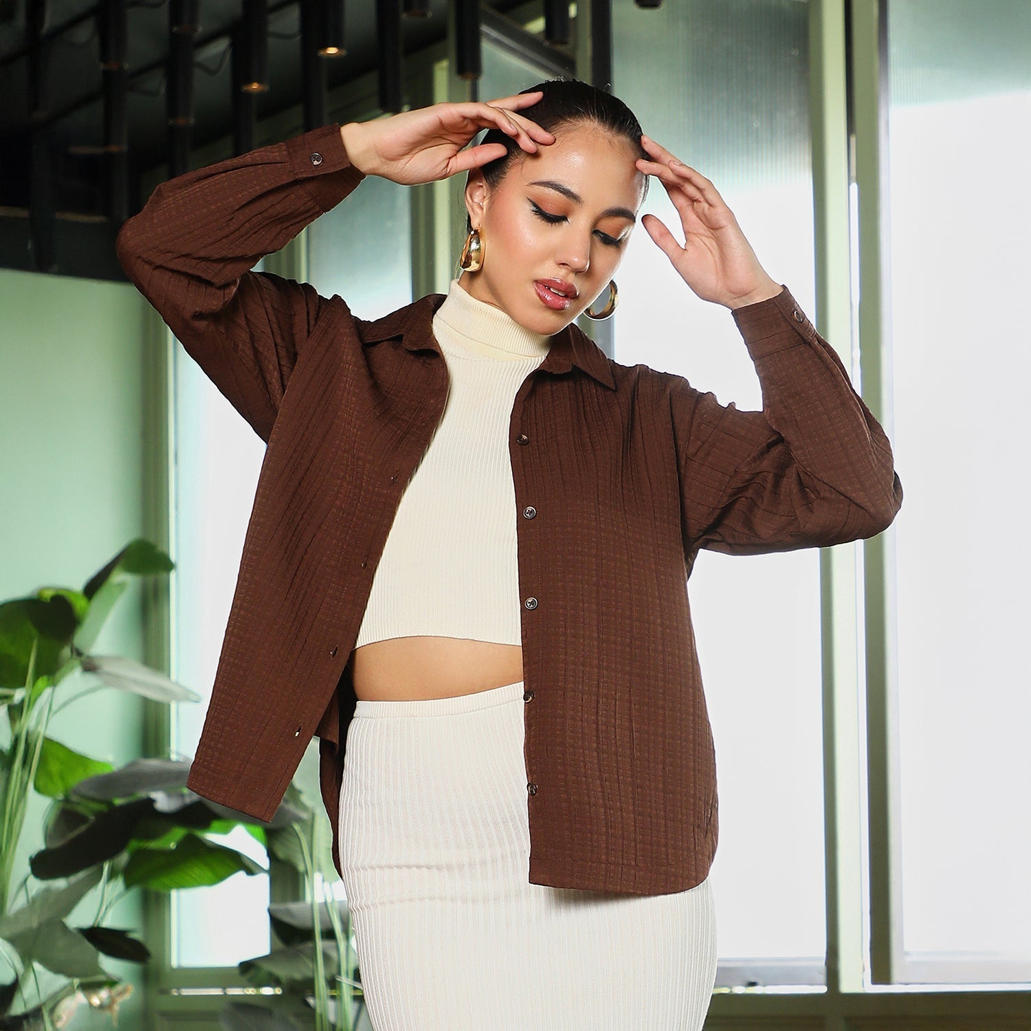 Women Brown Tartan-Tactile Curved Shirt