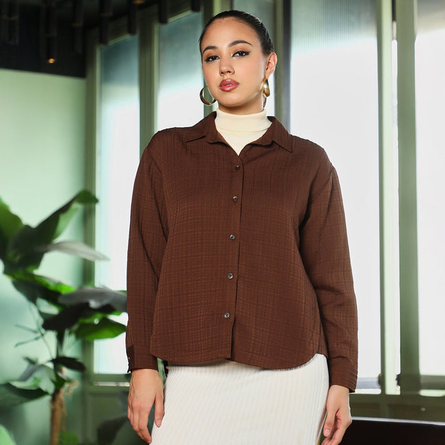 Women Brown Tartan-Tactile Curved Shirt