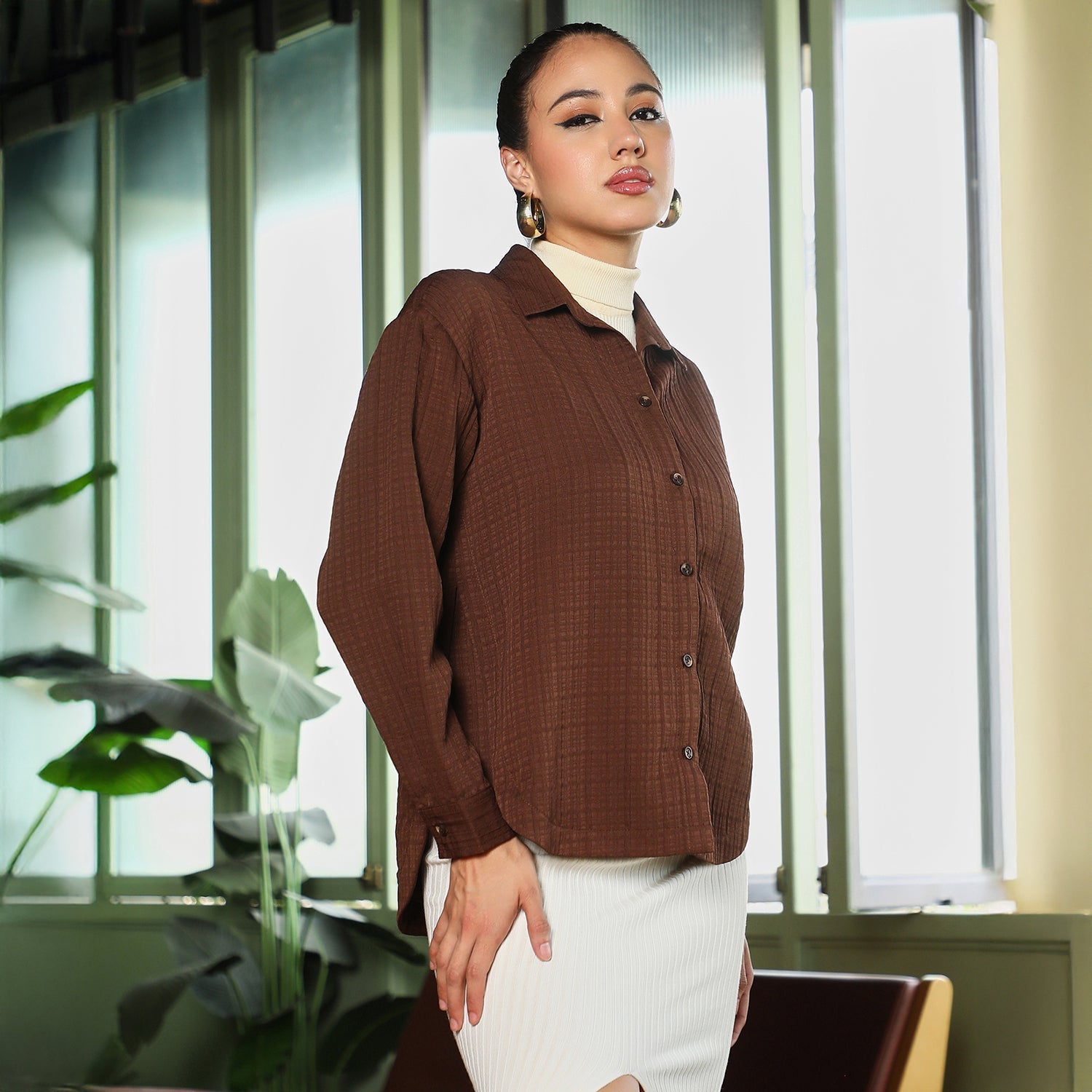 Women Brown Tartan-Tactile Curved Shirt
