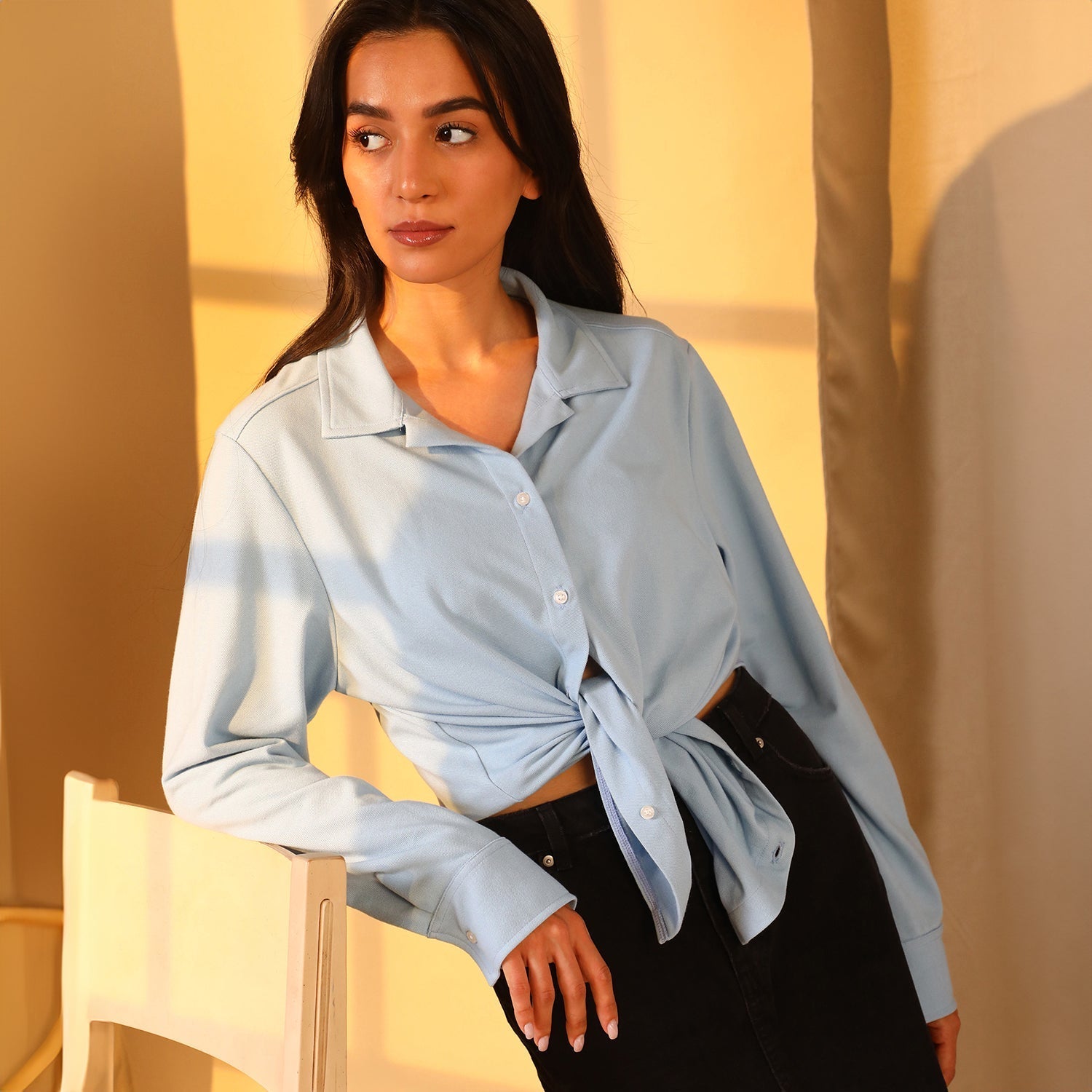 Women Blue Solid Long Shirt