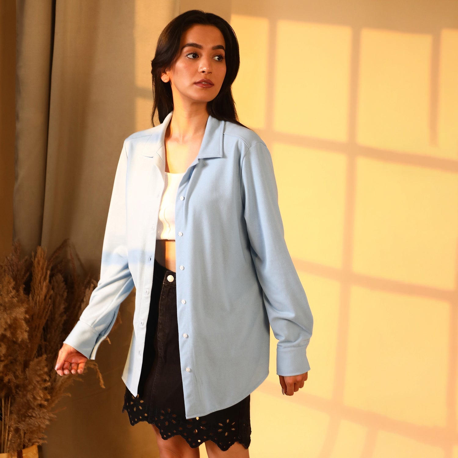 Women Blue Solid Long Shirt