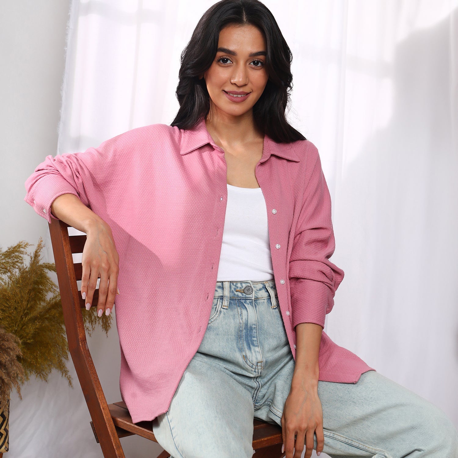Women Pink Solid Woven Shirt