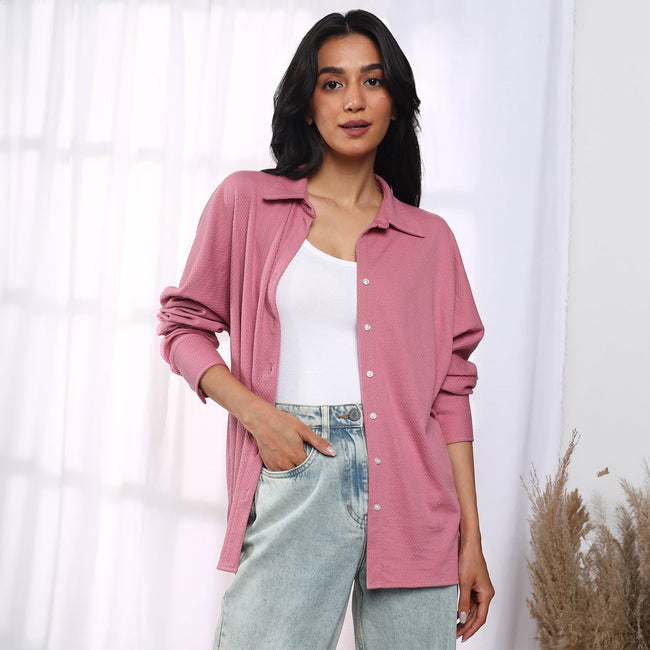Women Pink Solid Woven Shirt