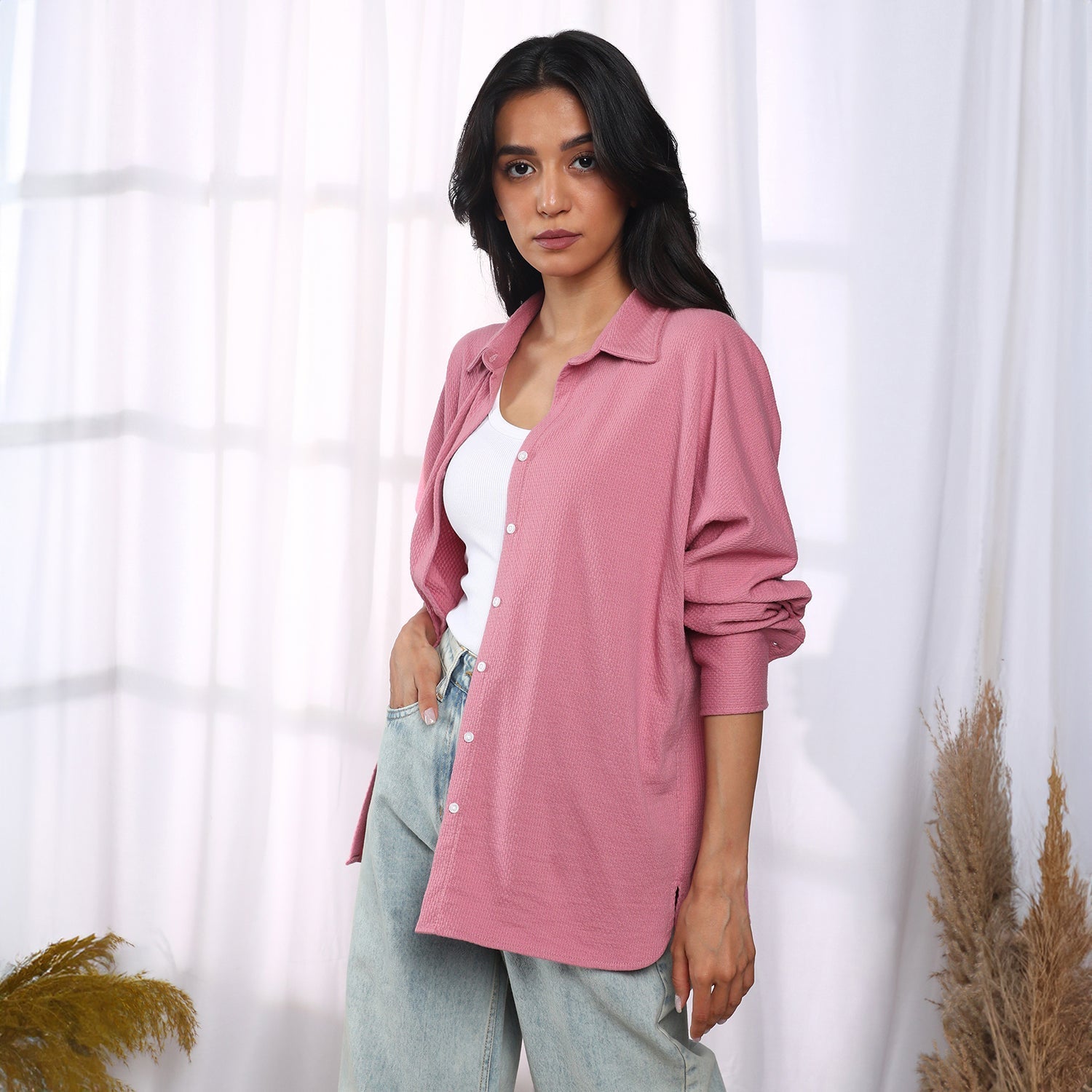 Women Pink Solid Woven Shirt